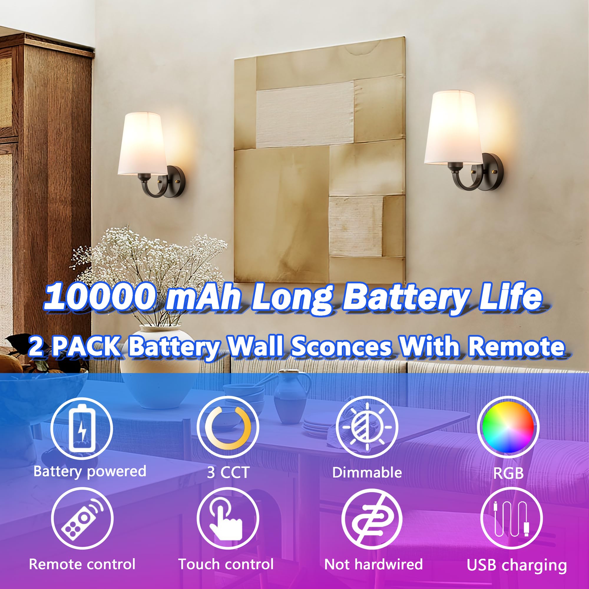 Slywise Battery Operated Wall Sconce Set Of 2, Rechargeable Rgb, Fabric, Black