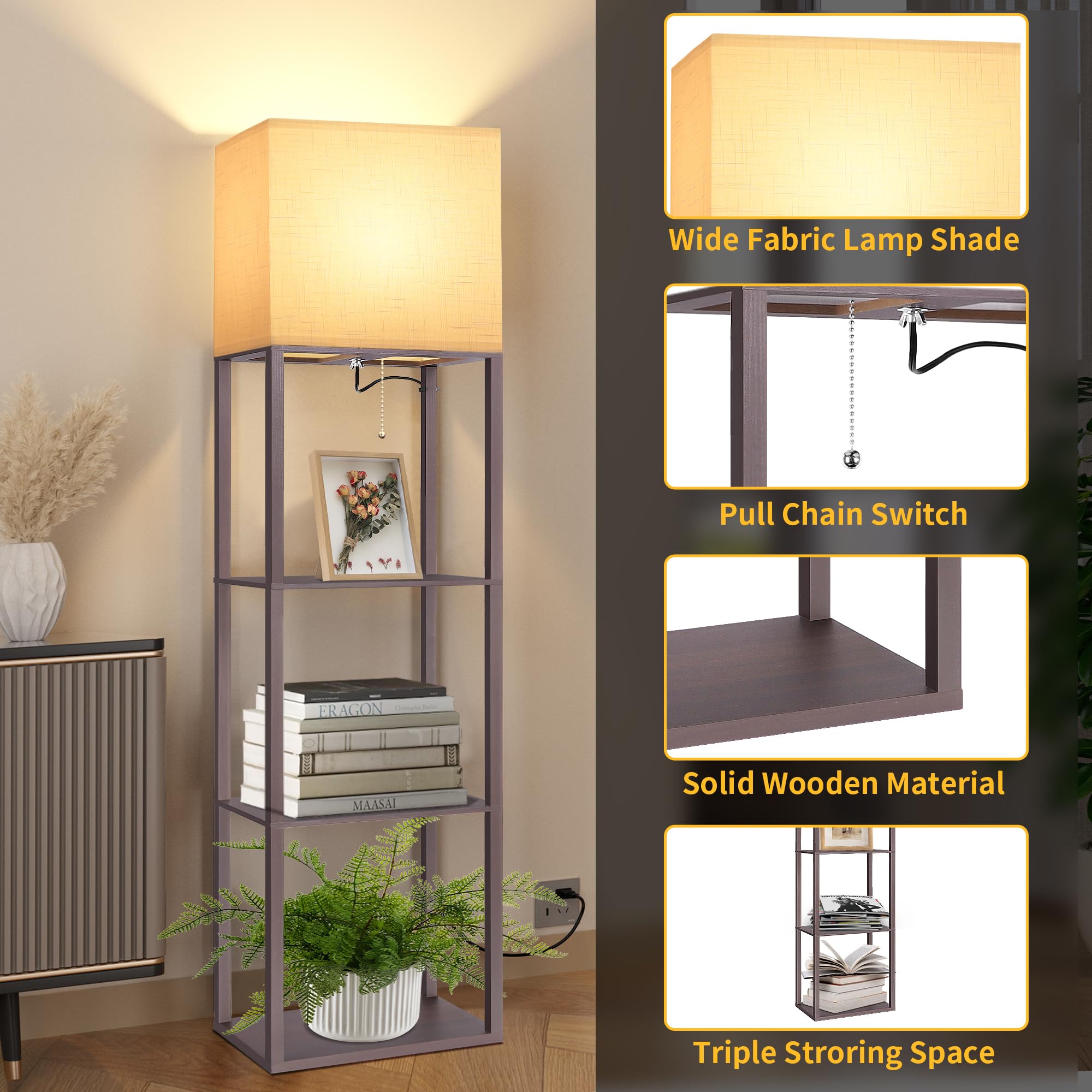 Dott Arts Floor Lamp with Shelves, 15.7in Wide, Wood, Walnut, Model WLM1600-FLA-15W-12, 3 Color LED Bulb