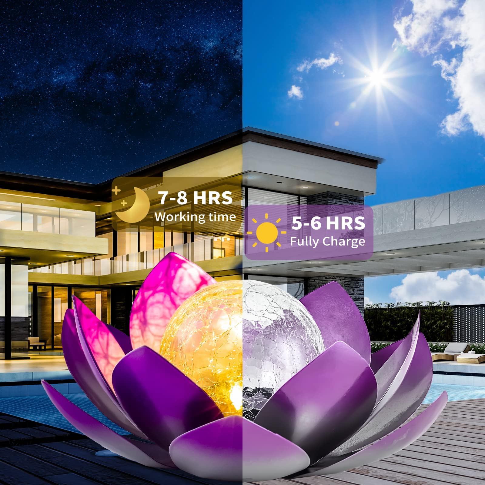 Aiiny Solar Light Outdoor(2Pack), Art Crackle Globe Glass Lotus Decoration, Solar Led Waterproof Purple Metal Flower Lights For
