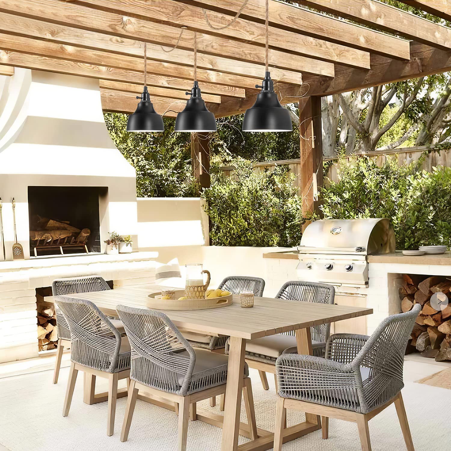 Alaislyc 3 Light Plug In Pendant Light Cord 22Ft Industrial Farmhouse Hanging Lamp With Twisted Hemp Rope Independent Triple Swi