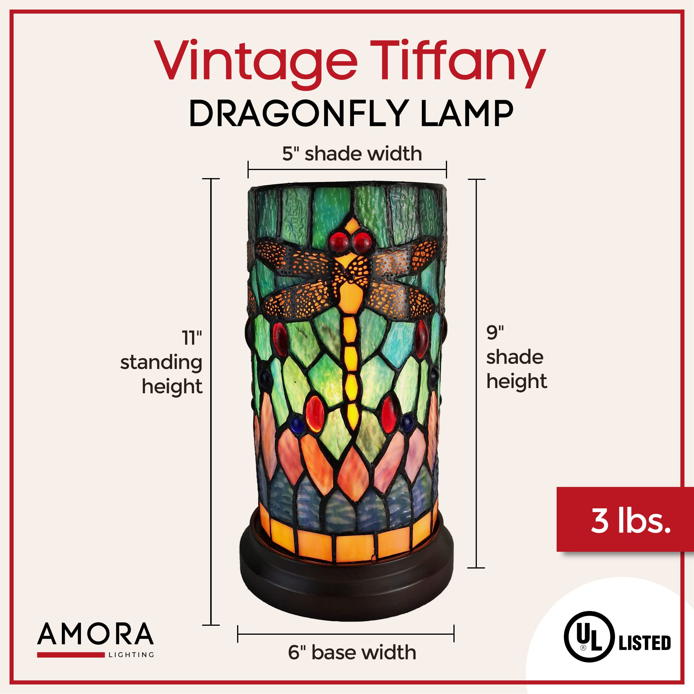 Amora Tiffany Dragonfly Lamp - 11” Vintage Decorative Desk Lamp With Mosaic Shade - Multicolor