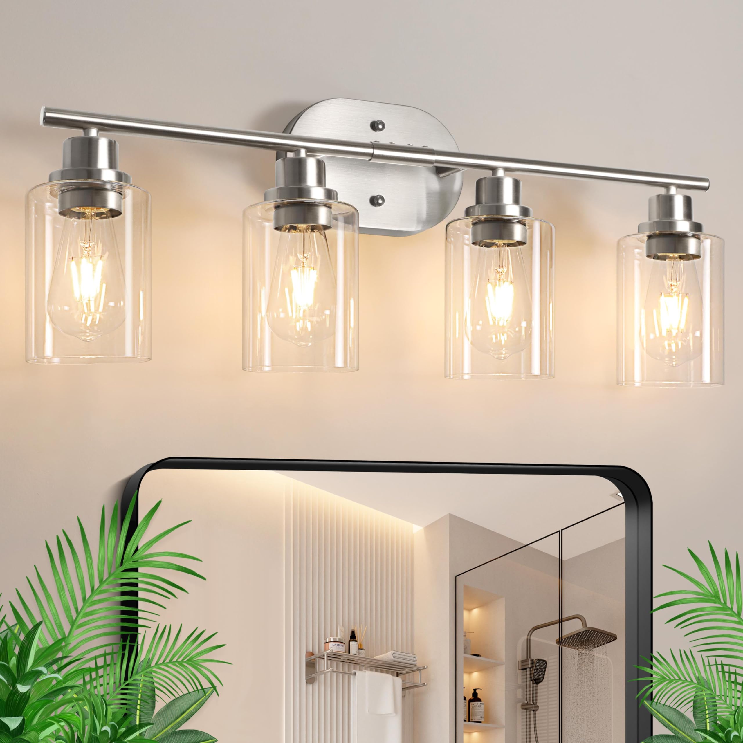 Ascher 4-Light Bathroom Light Fixtures  Modern Vanity Lights with Clear Glass Shade  Brushed Nickel Wall Lamp for Bathroom Mirror Hallway Cabinet Porch