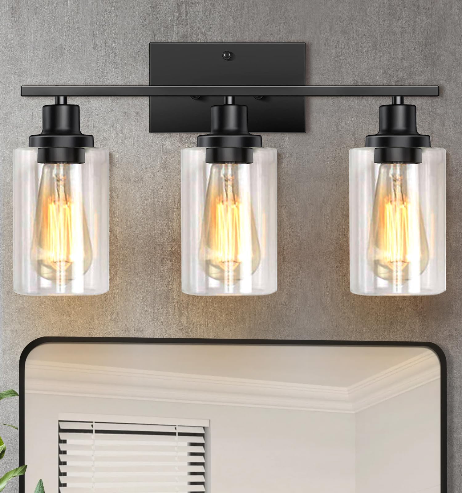 SANGFOR 3-Light Vanity Light Fixtures, Modern Metal Bathroom Lighting, E26 Base, Matte Black, Clear Glass Shades, Size M