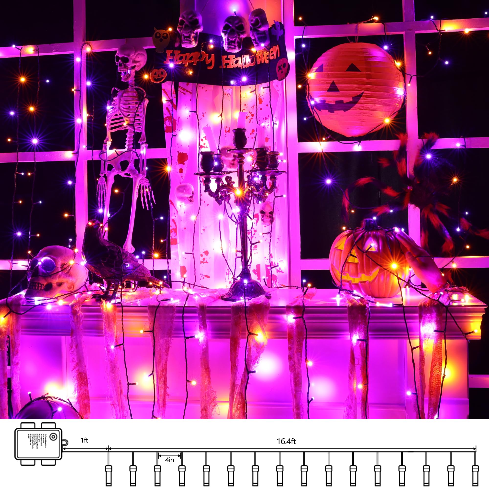 Lomotech Battery Operated Halloween Lights - 2 Pack Total 33Ft 100 Led Orange Purple Battery Lights 8 Modes Waterproof With Time