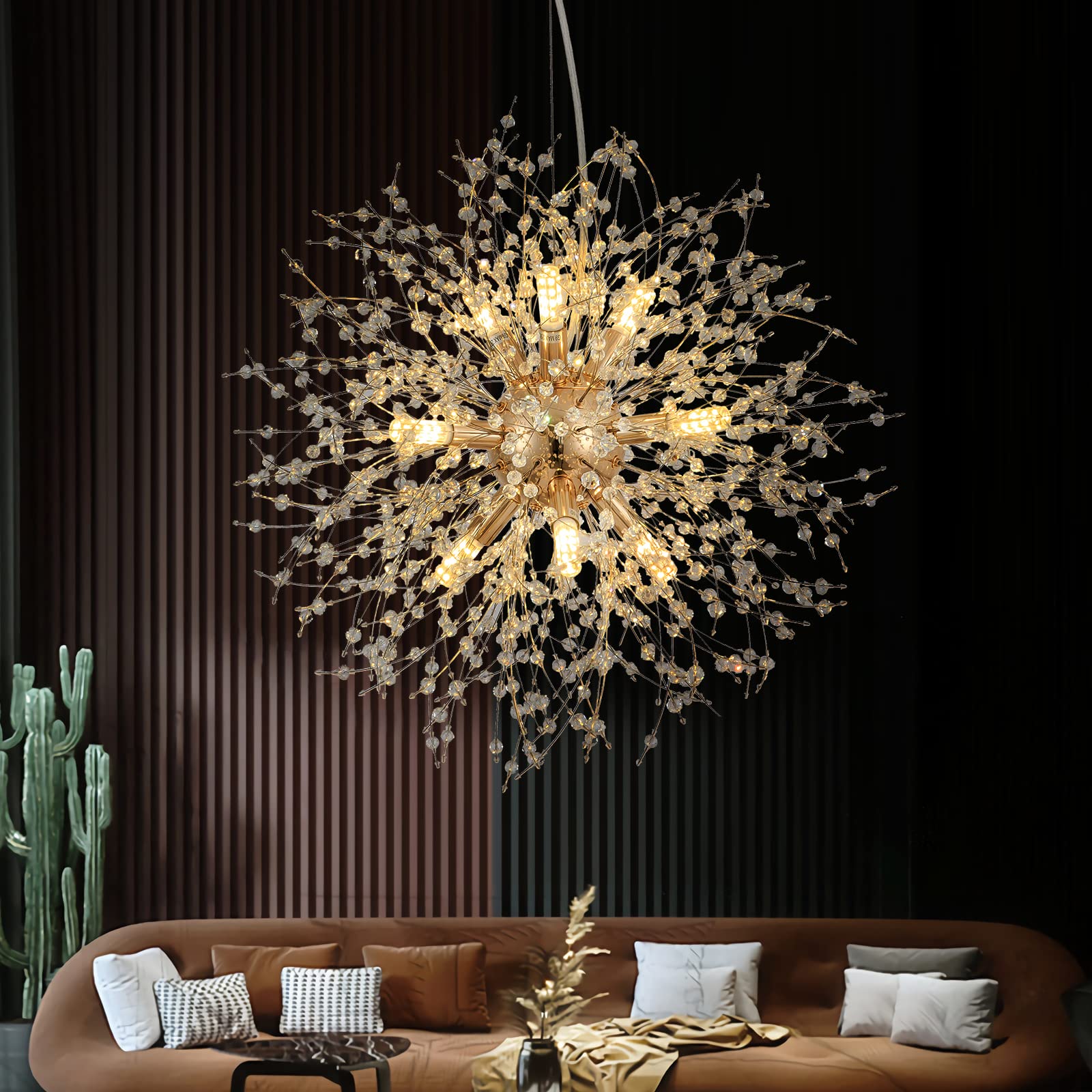 CM MZY Modern Crystal Chandeliers Firework, 9-Light Gold Dandelion Sputnik Ceiling Light Fixtures, Sputnik Chandelier Pendant Light for Bedroom Living Room Dining Room Kitchen Island Hallway