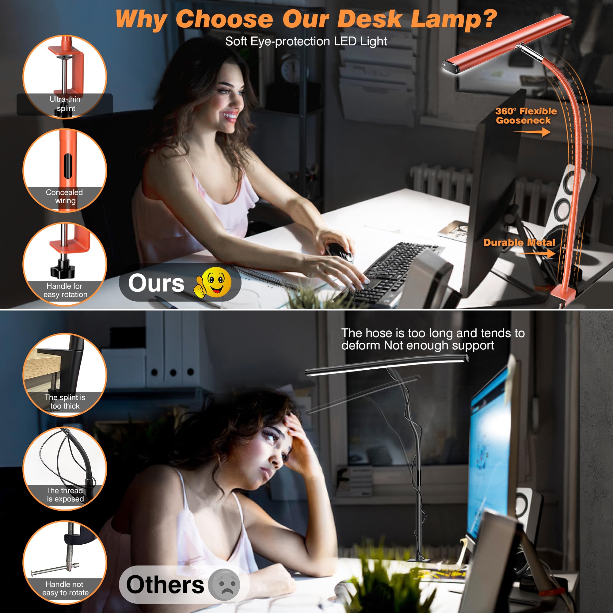 Airlonv LED Desk Lamp, Eye-Caring, Stepless Dimming, Gooseneck, Aluminum, Standard Size, Orange, Model HD-PL18DC1002