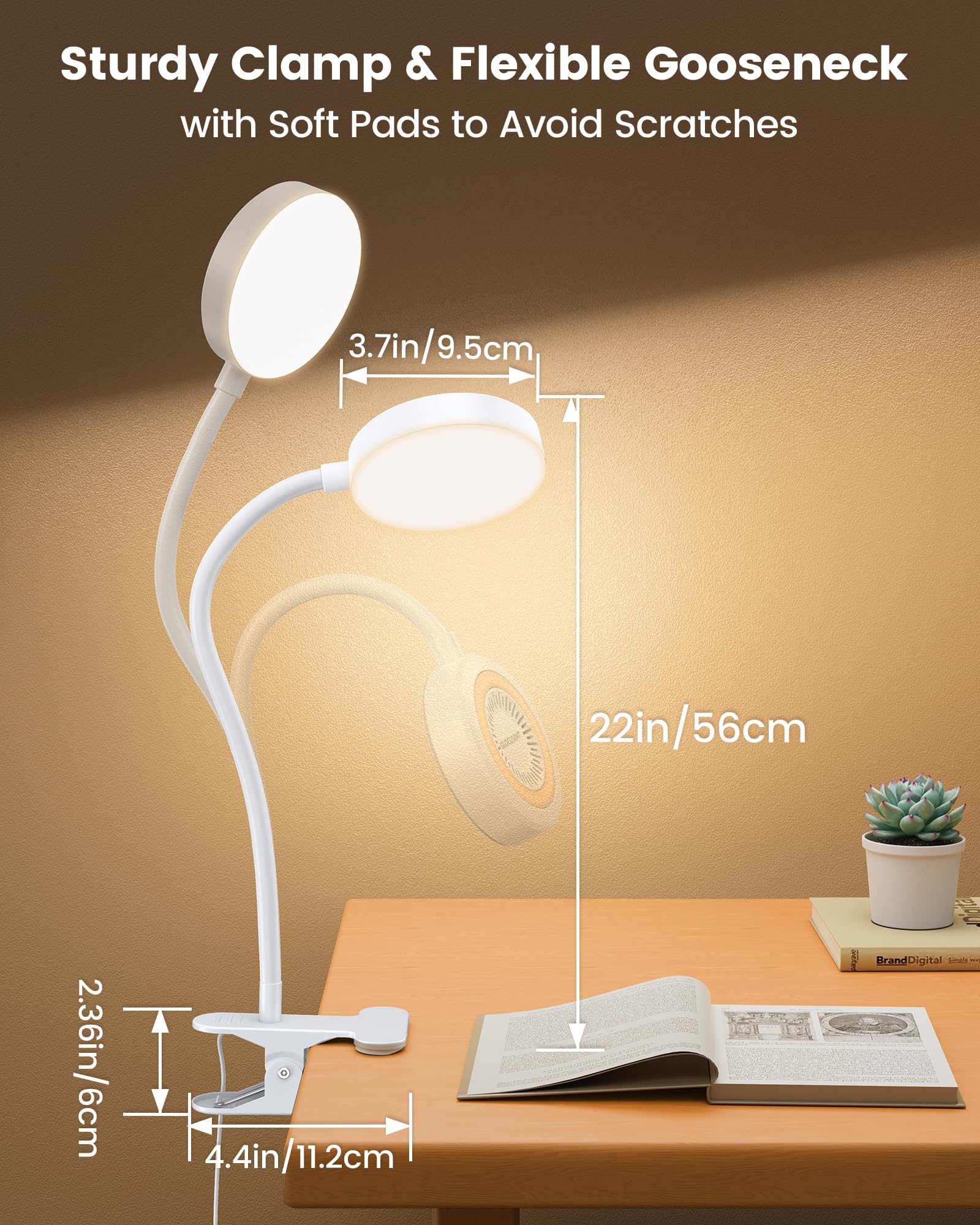 Glocusent Clip on Light - 72 LEDs Bed Lamp with Amber Night Light, 3 Colors, 5 Brightness Levels, Model A31, White