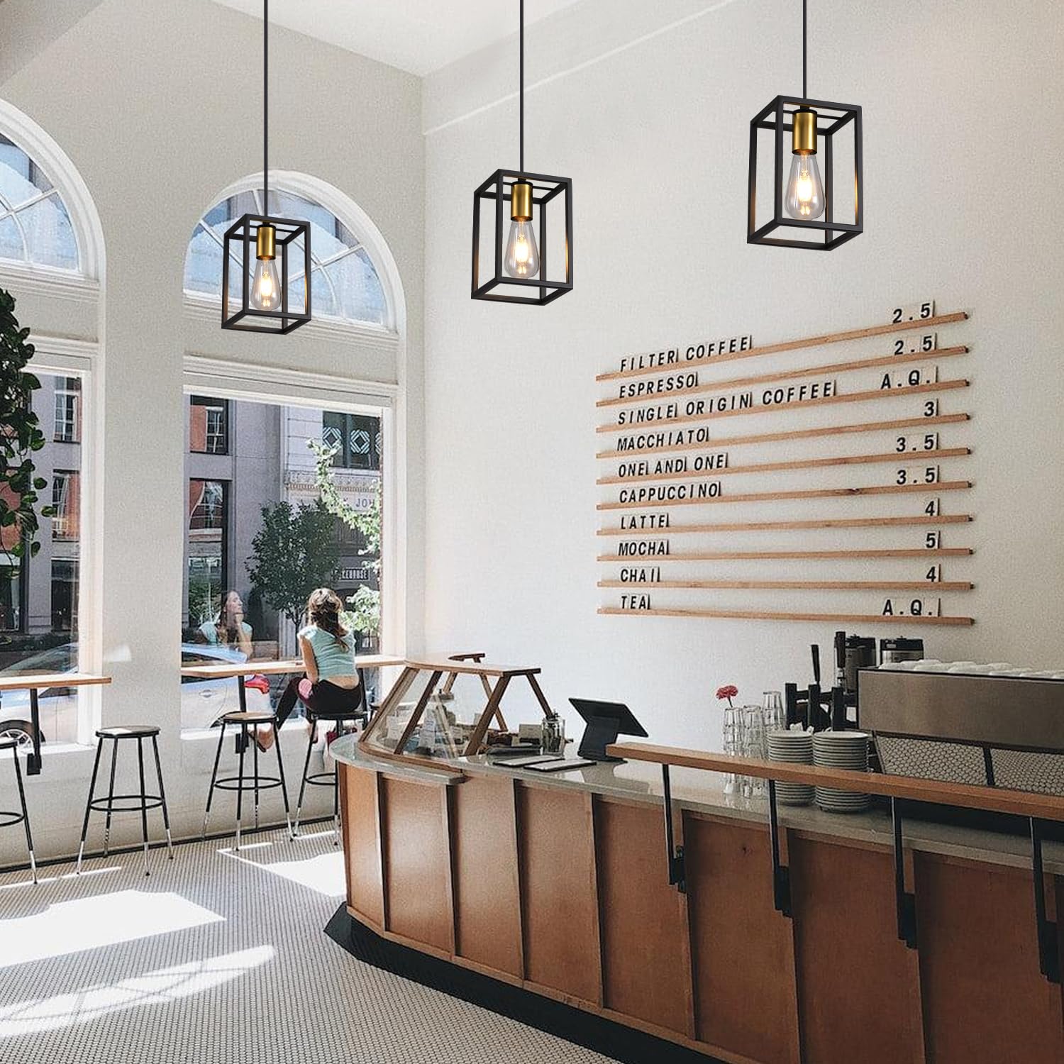 Aojunsansan Black Pendant Lights For Kitchen Island Industrial Lantern Pendant Light Fixtures With Golden Lamp Cup  Farmhouse Adjustable Height Hanging Pendant Lighting