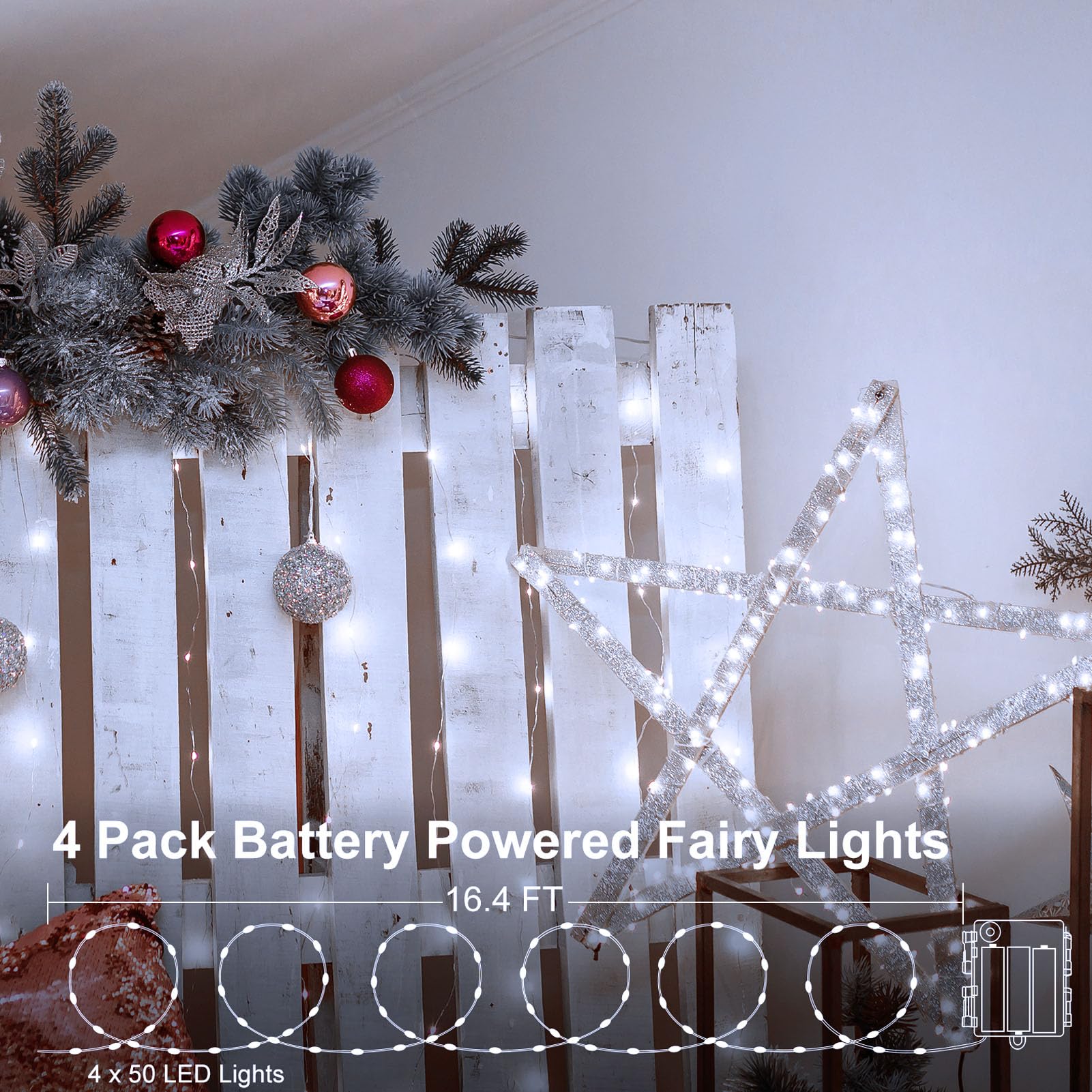 4 Pack Battery Operated Fairy Lights 16.4 Ft 50 Led Christmas Fairy Lights With Auto Timer 8 Modes, Waterproof Silver Wire Batte