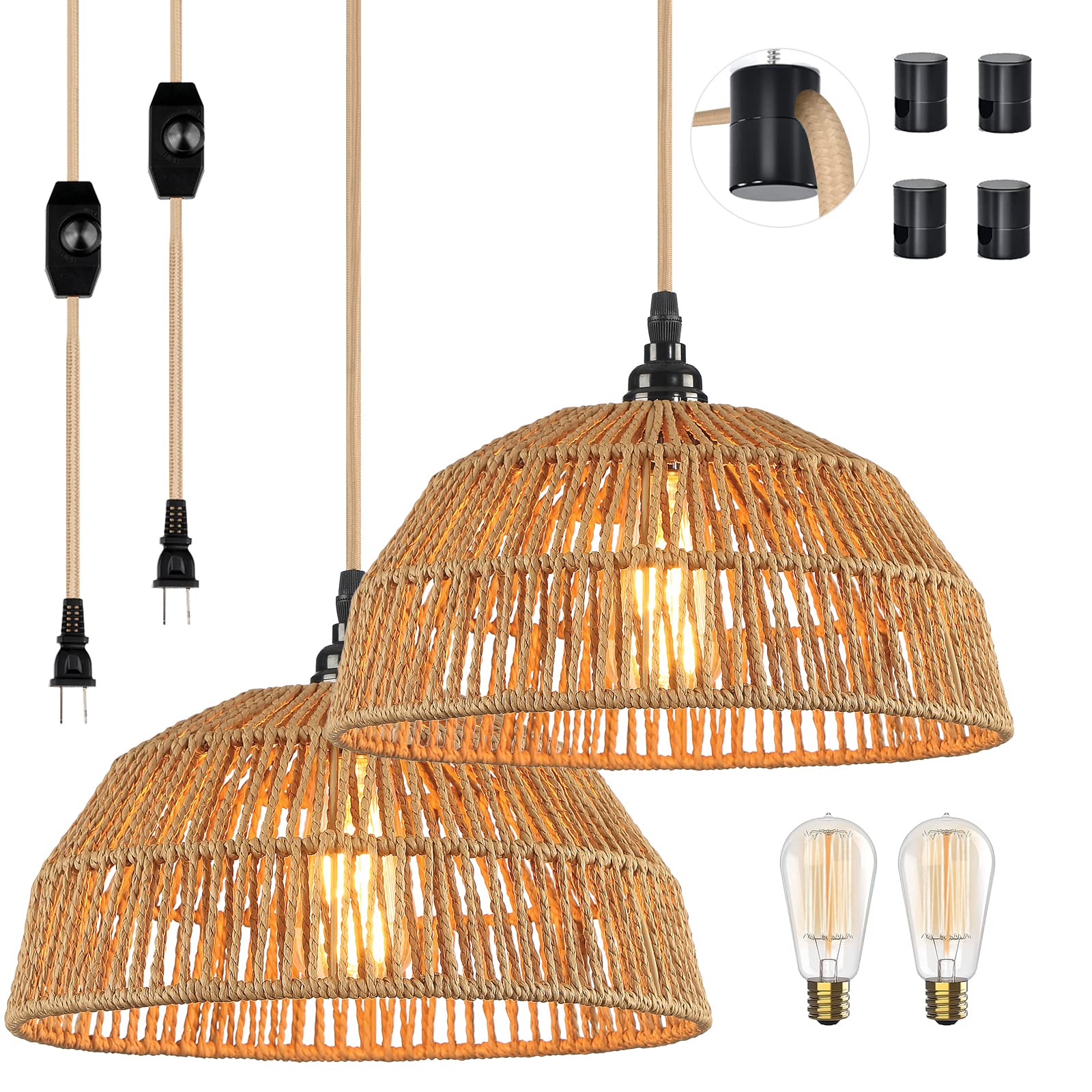 Cinkeda Plug In Pendant Light - Farmhouse Chandelier With 15Ft Cord, Dimmable, 2 Pack