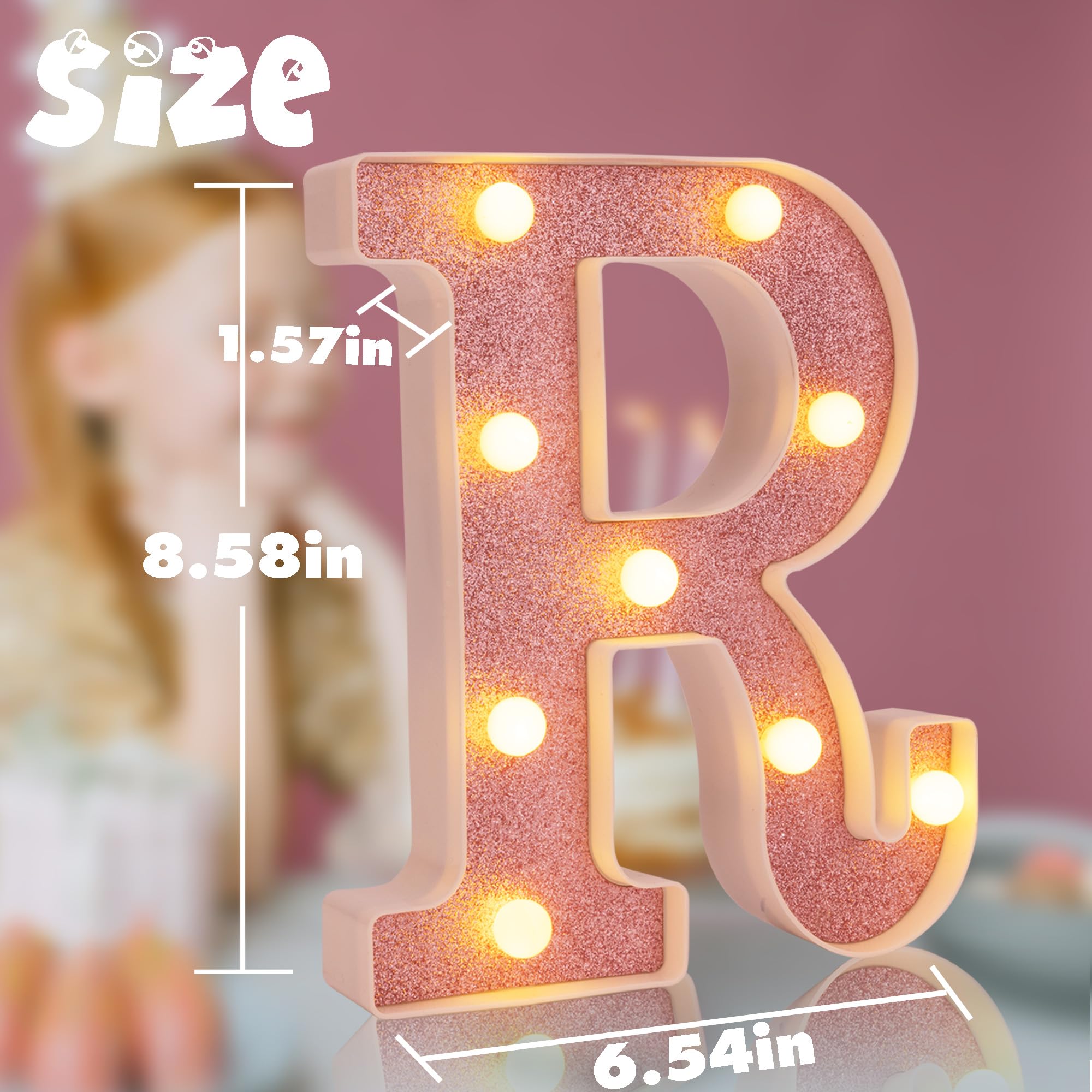 DyingSwan Small LED Marquee Letter R, 8.58 Inch Pink Glitter Light Up Sign, Battery Powered Decor for Party and Birthday