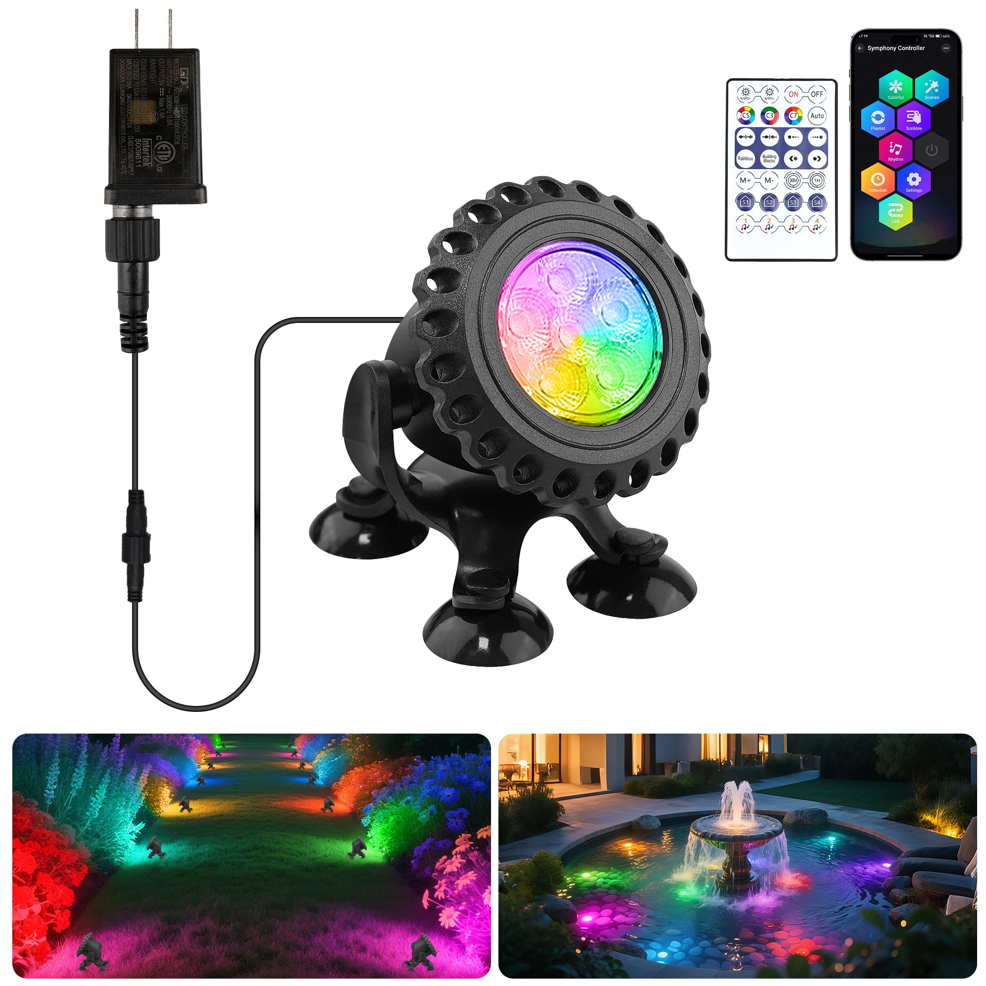 T-SUN Colored Pond Lights - LED Submersible Fountain Light, Bluetooth & Remote Control, IP68 Waterproof, Set of 1, Multicolor, Model TS-F2220