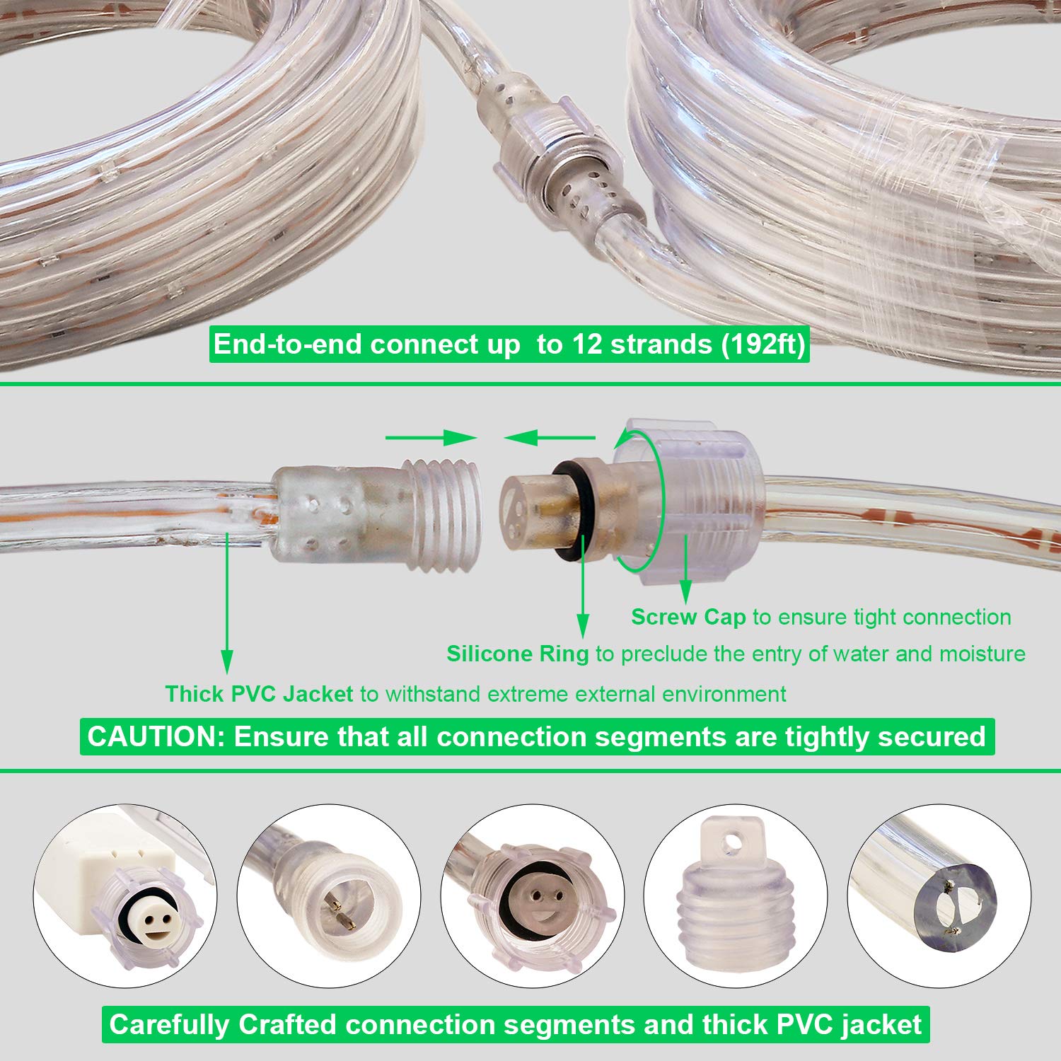 Green Rope Lights,16Ft Waterproof, Connectable And Flexible Led Strip Lights With Advanced Leds And Crystal-Clear Thick Pvc Jacket, High Brightness, Great For Deck Pergola Handrail Bedroom