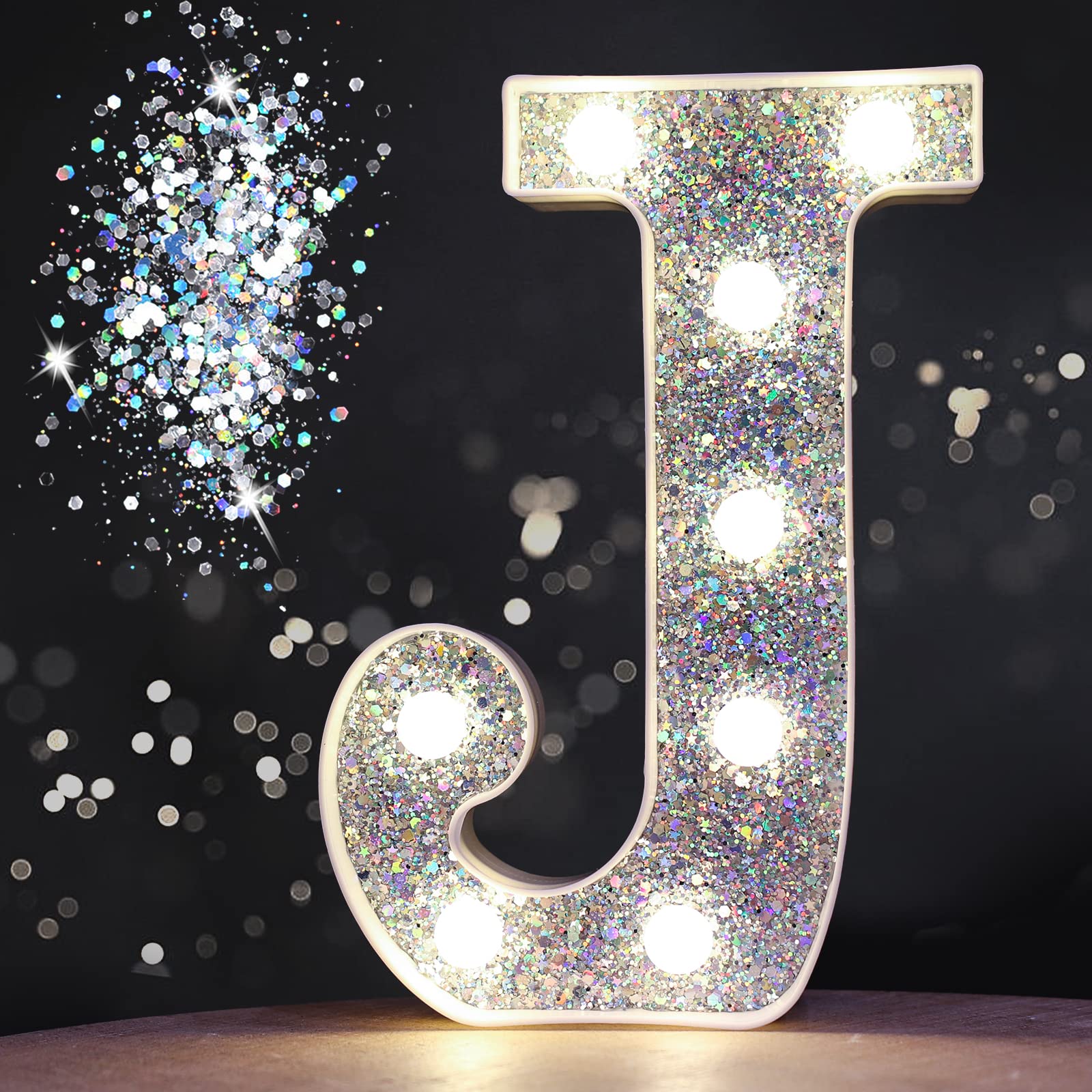 Pooqla LED Marquee Letter Lights - Battery Powered Silver Glitter Alphabet Sign for Home Bar, Party, Wedding, Christmas - Sequin Silver J