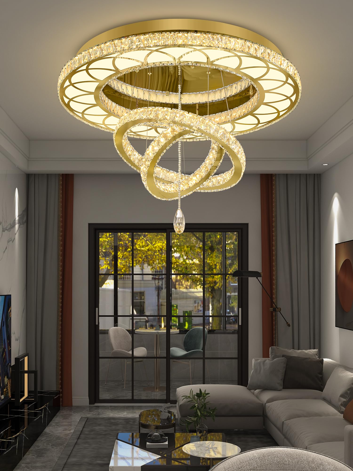 Flashing God Dia 40'' Big Chandelier Crystal Gold Ceiling Light Fixtures LED Flush Mount Ceiling Light for Living Room Bedrooms 