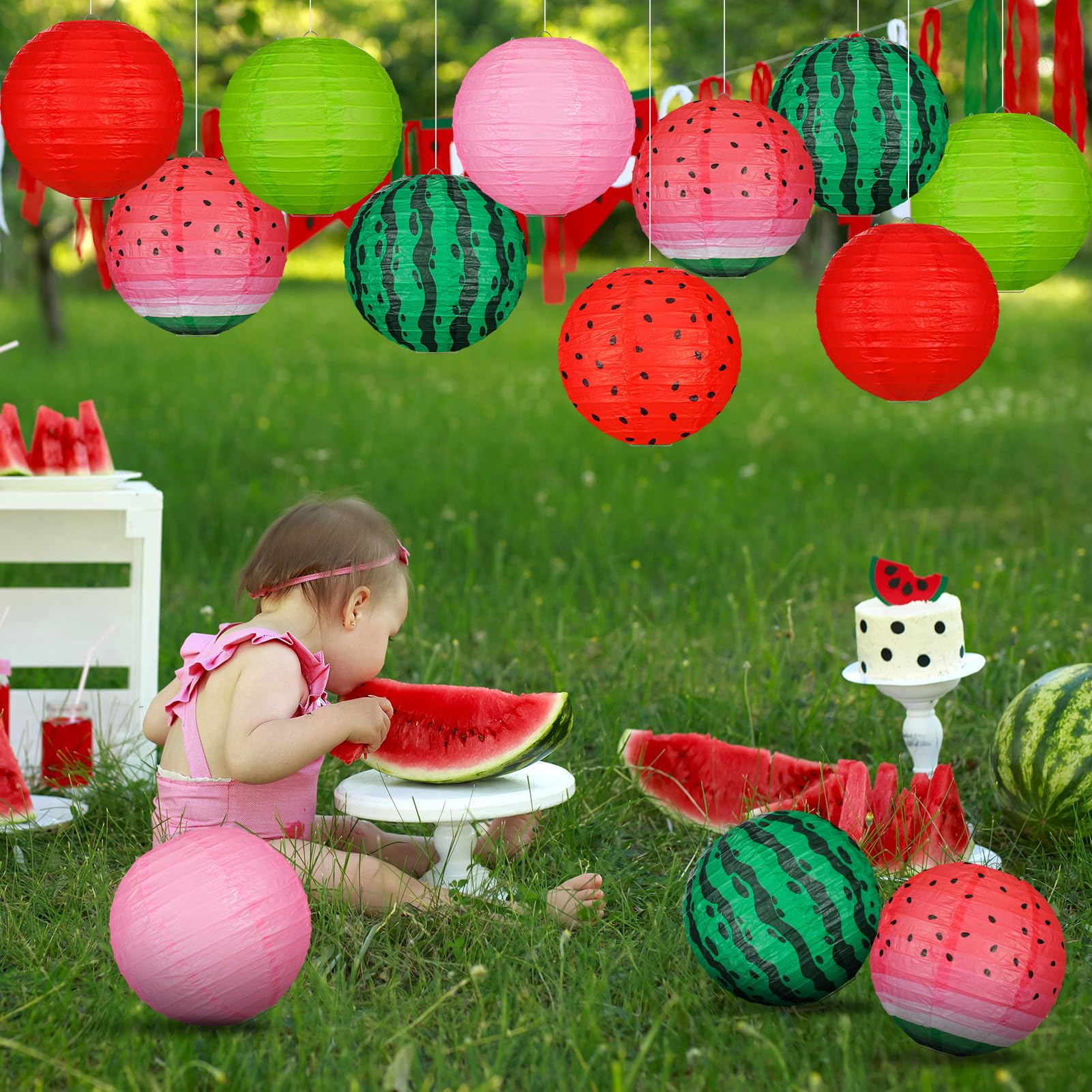 Panelee 12 Pcs Watermelon Paper Lanterns Party Decorations 8 Inch Hanging Round Paper Lanterns For Holiday Indoor Outdoor Party