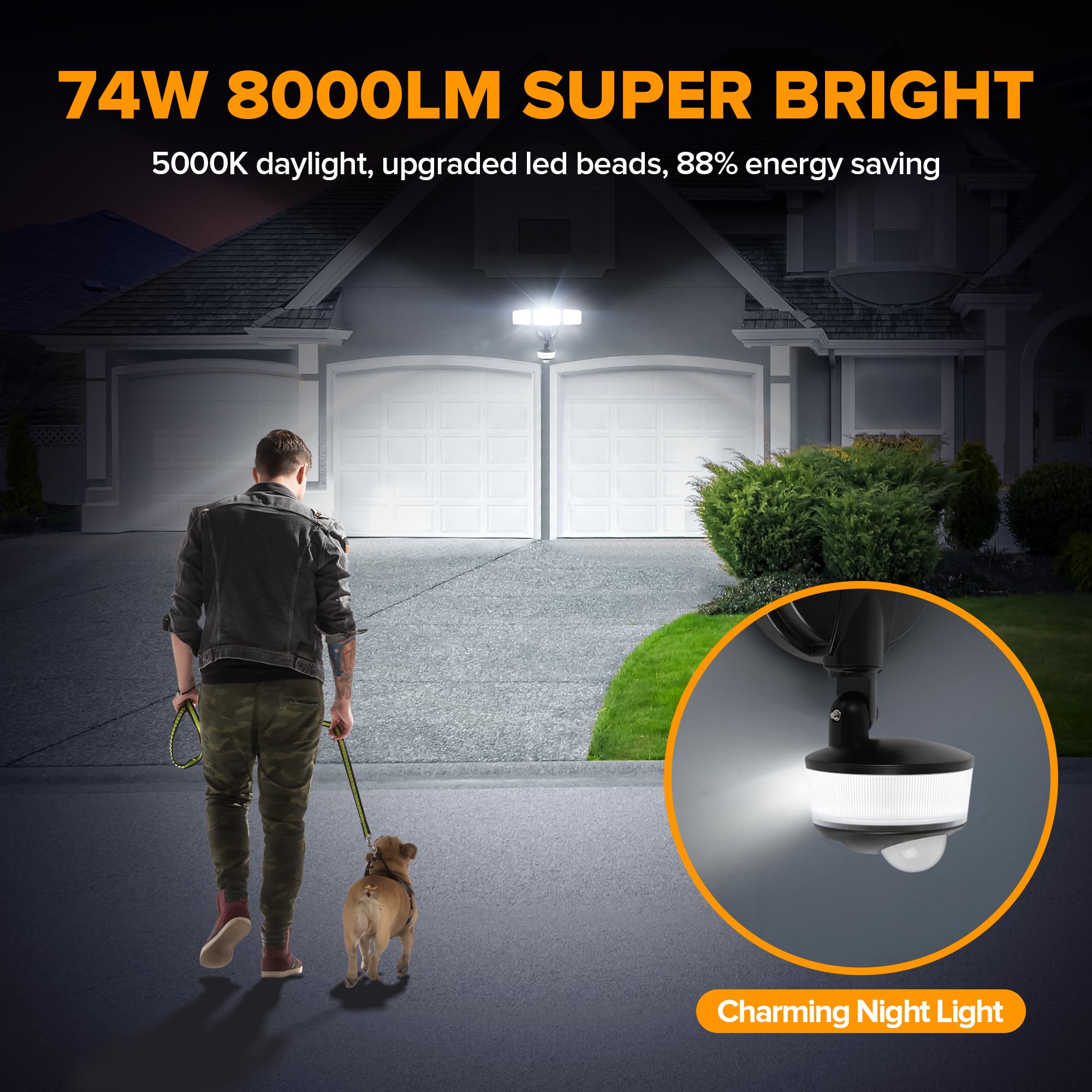 LUTEC 74W Motion Sensor Outdoor Flood Light, 8000 Lumen, 5000K Daylight, IP65 Waterproof, Black