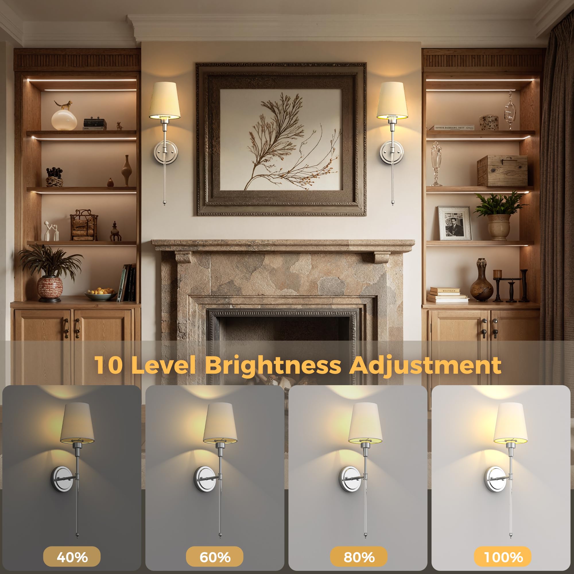 DORESshop Battery Operated Wall Sconce Set of 2, Dimmable Adjustable, 24.6in, Chrome and Glass