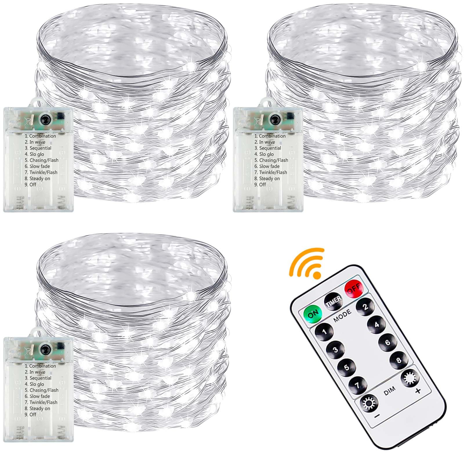 YIQU 3 Pack Fairy Lights, 26 FT 80 LED, Battery Operated with Remote Control Timer, Cool White, Model silver80-3pk