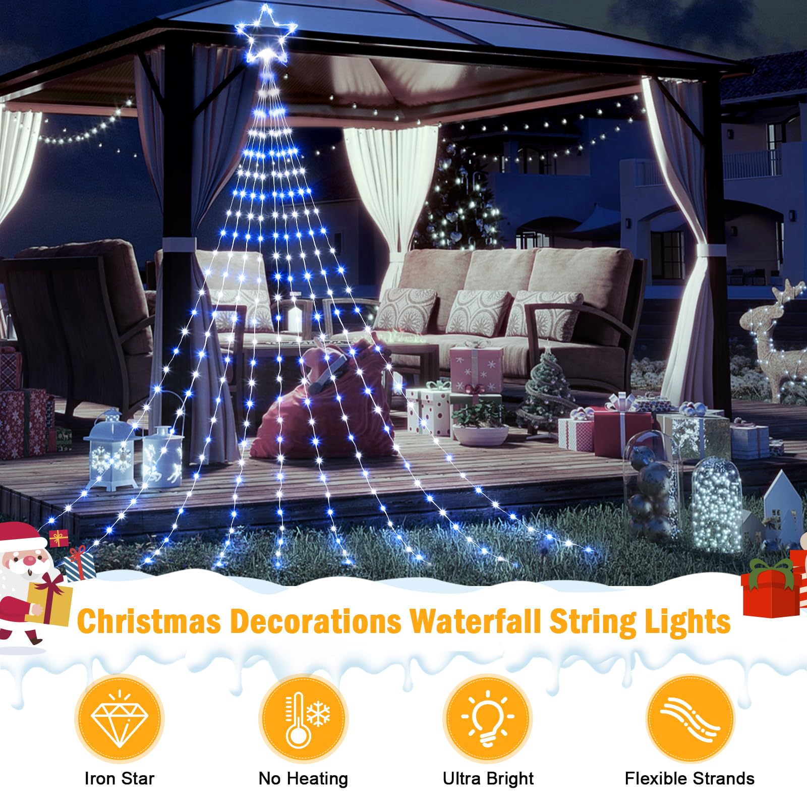 Brightown Christmas Star String Lights - 344 LED, 11.8ft, 8 Modes, Blue & White, Model JY-24MFL344D01, Indoor/Outdoor Decor