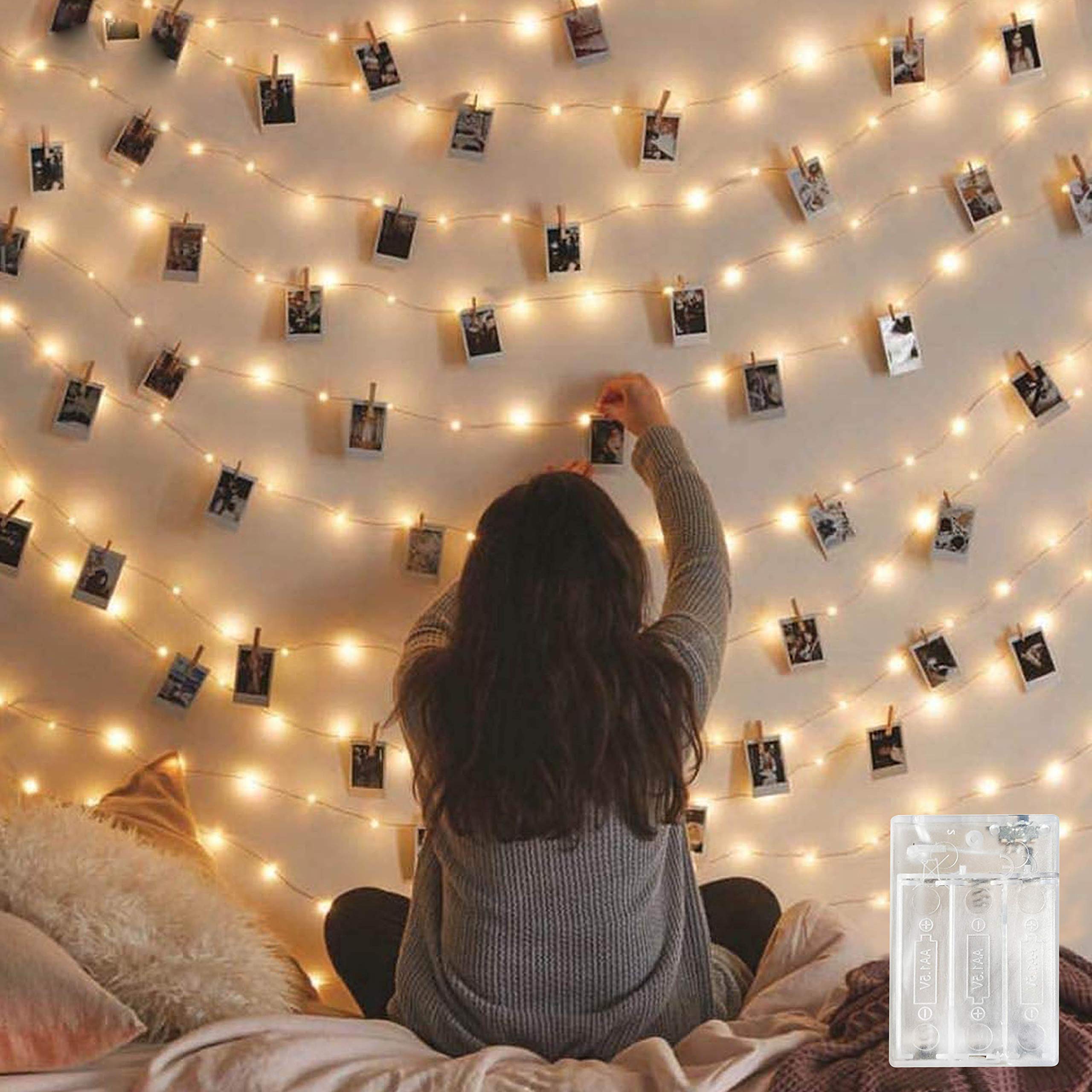 Cynzia Photo Clip String Lights Battery Powered  100 LED Fairy String Lights with 50 Clear Clips  Silver Wire String Lights for Pictures Hanging Photo Wall Wedding Party Christmas Decor