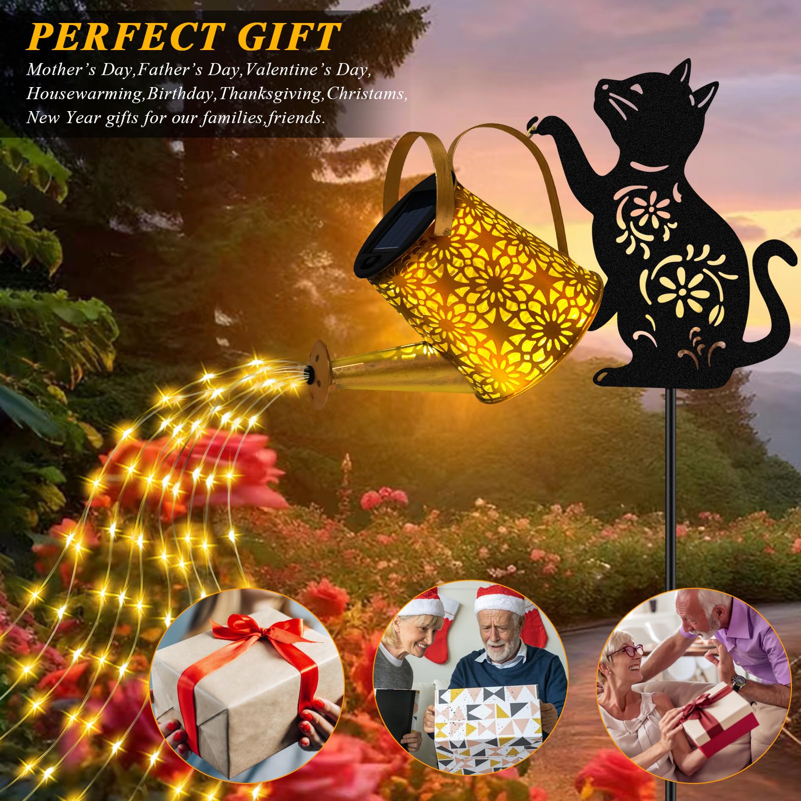 Ostritec Solar Lights Outdoor Decorative Watering Can with Cat Silhouette Garden Stakes, Waterproof Metal Yard Art
