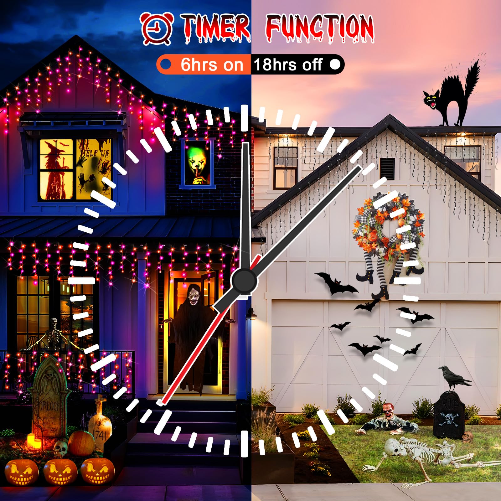 Hezbjiti 400Led Halloween String Lights - Purple & Orange Icicle Lights, 32.8Ft, 8 Modes, Outdoor Decoration For Yard & Garden