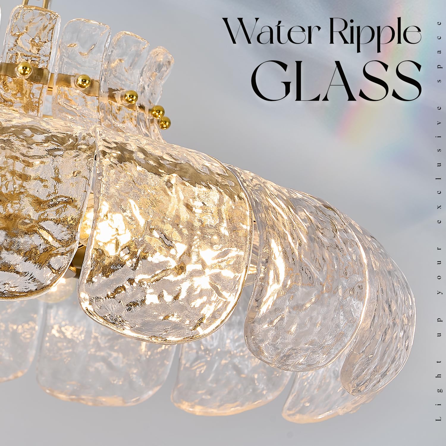 Poemoon 8-Light Modern Water Ripple Glass Chandelier 21.6'' Pendant Chandelier Luxury Gold Hanging Lighting For Living Dining Ro