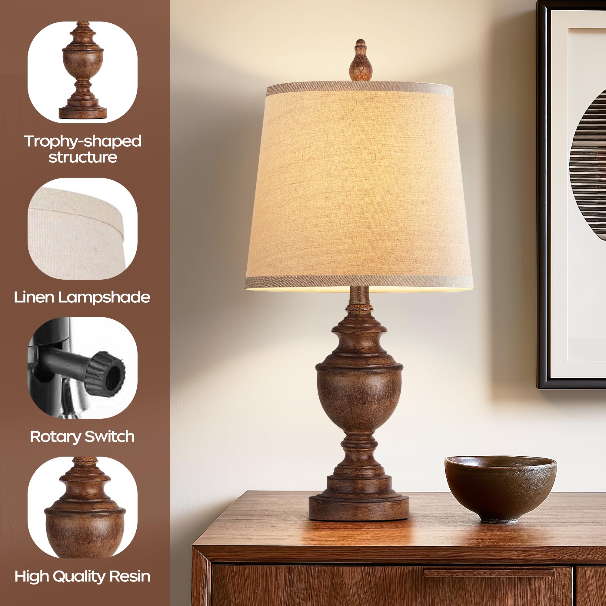 PARTPHONER Retro Table Lamps Set of 2, Vintage Nightstand Lamps, Wood Grain, Resin, White Shades, Model PALP453AO2
