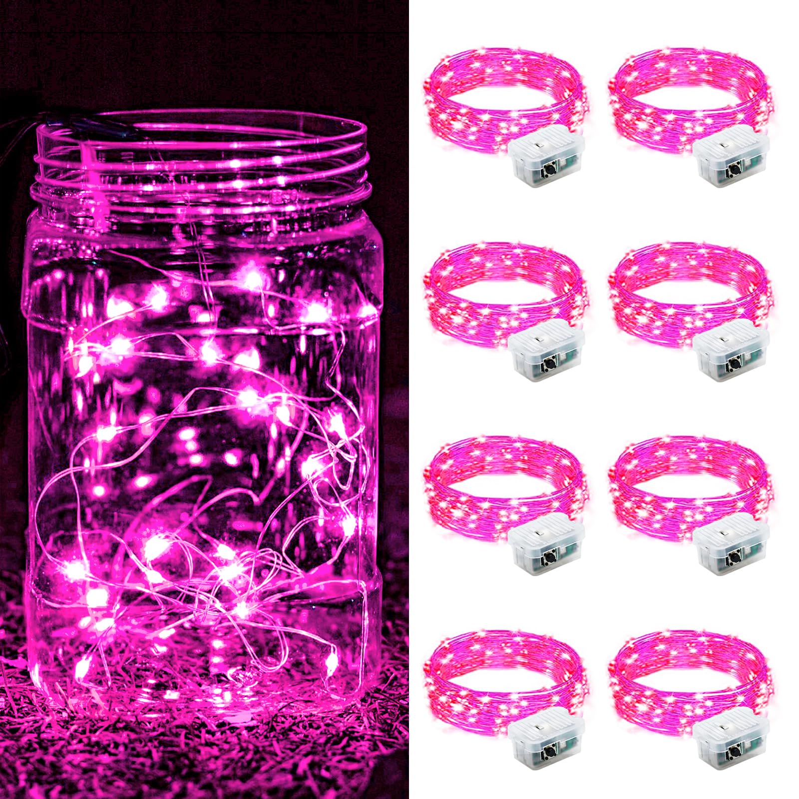 ZGWJ 8 Pack Fairy Lights Battery Operated  7FT 20LED Mini Fairy String Lights Silver Wire 3 Modes for DIY  Parties  Wedding  Bedroom  Halloween Christmas Decoration- Pink