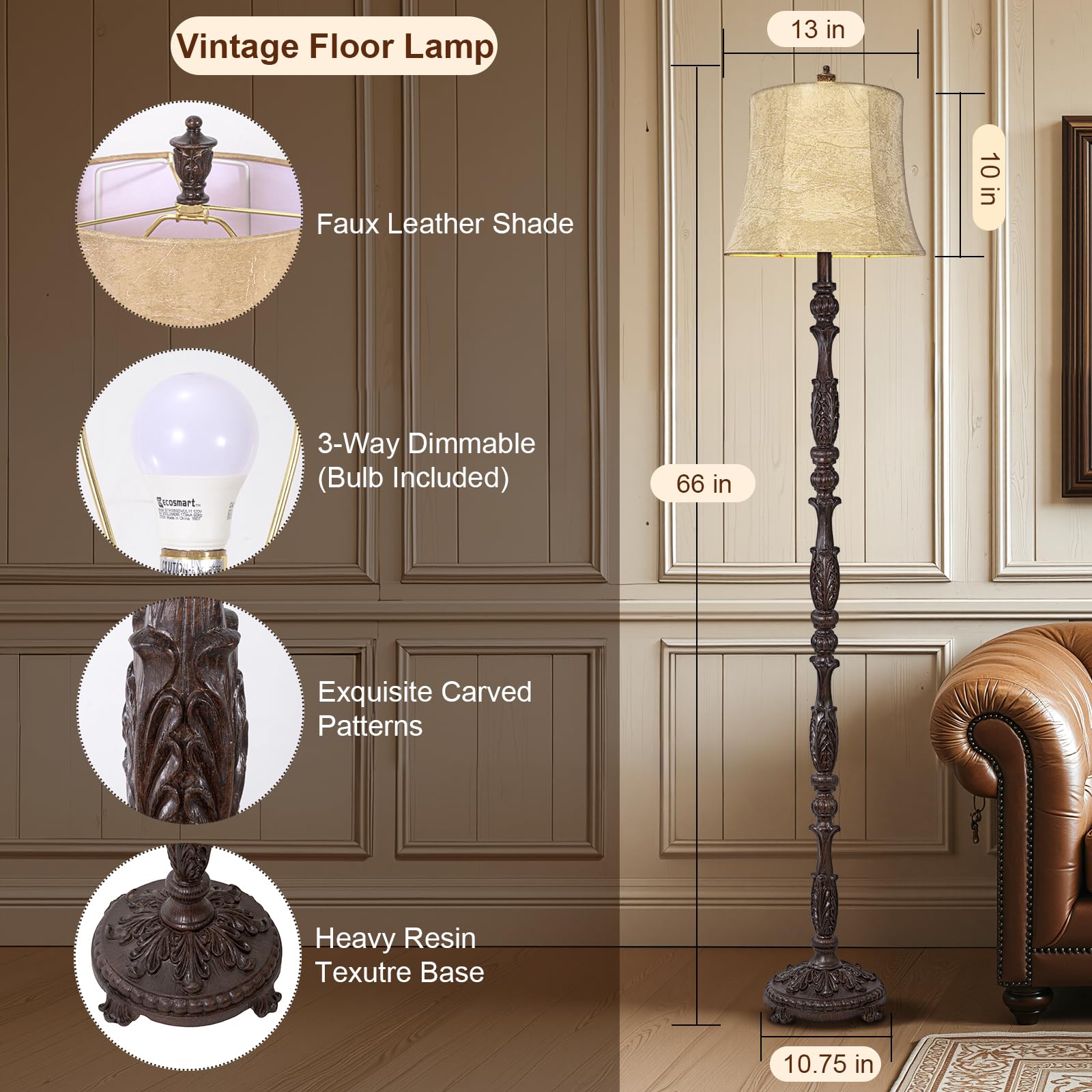 Scenekoy Vintage Floor Lamp, 66·Tall, Dark Brown Resin, Faux Leather Shade, 3-Way Adjustable, Model SL038