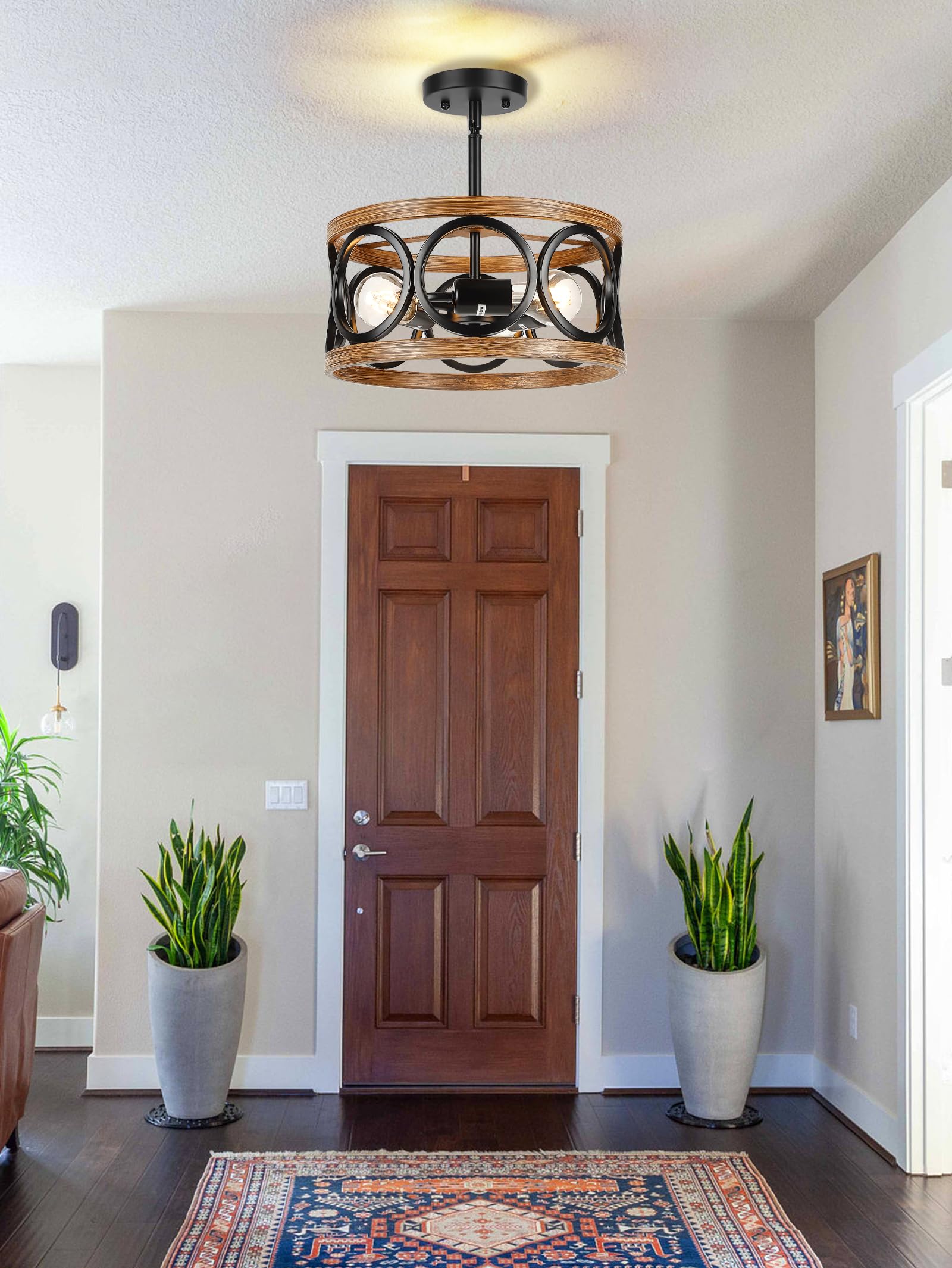 Qianzhan Farmhouse Semi Flush Mount Ceiling Light Fixtures, 3-Light Black Ceiling Light Rustic Light Fixtures For Hallway Entran