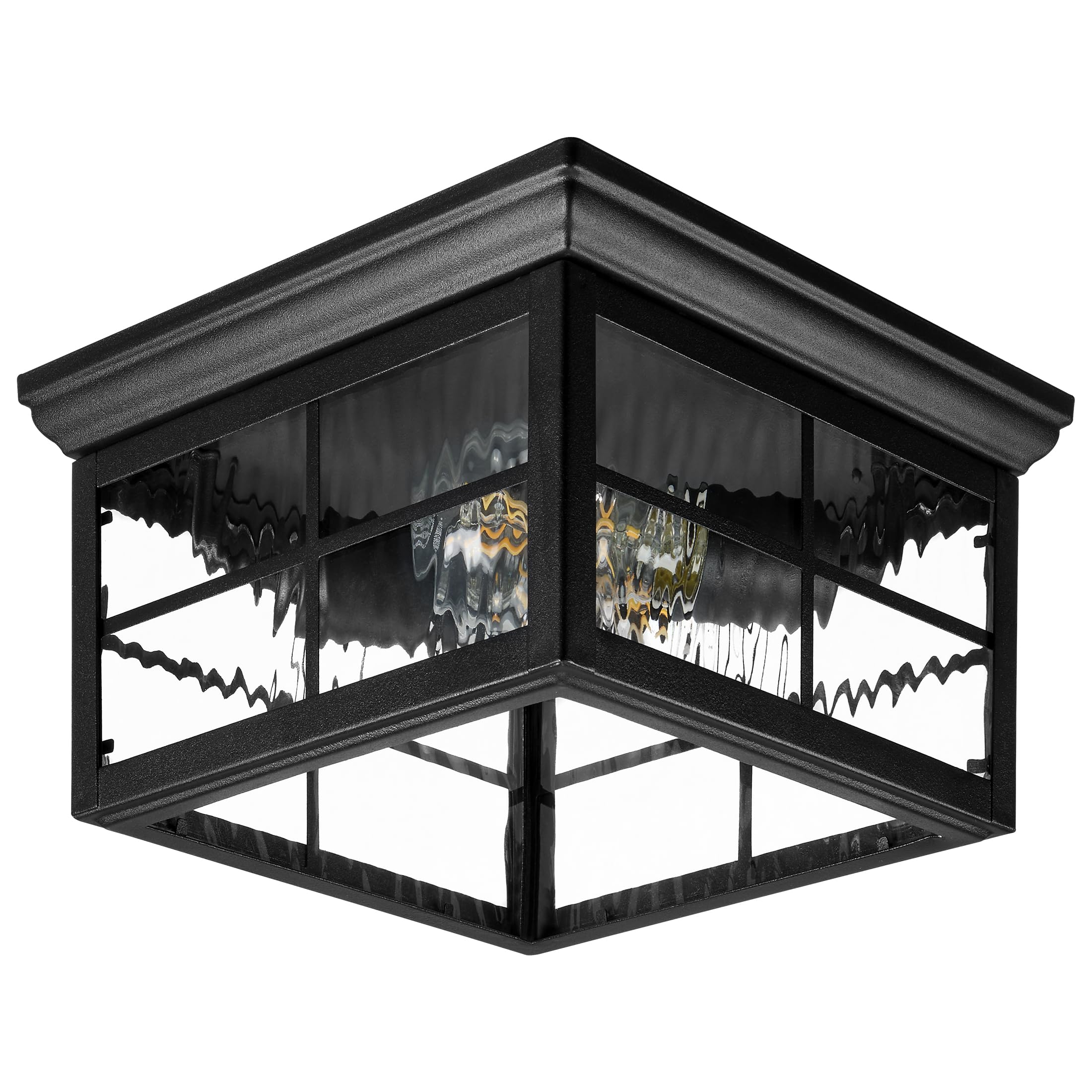 Maxxima Outdoor Flush Mount Ceiling Light Fixture, Black W/Water Glass, 2-Light Square Farmhouse Porch Or Patio Light, Close To 