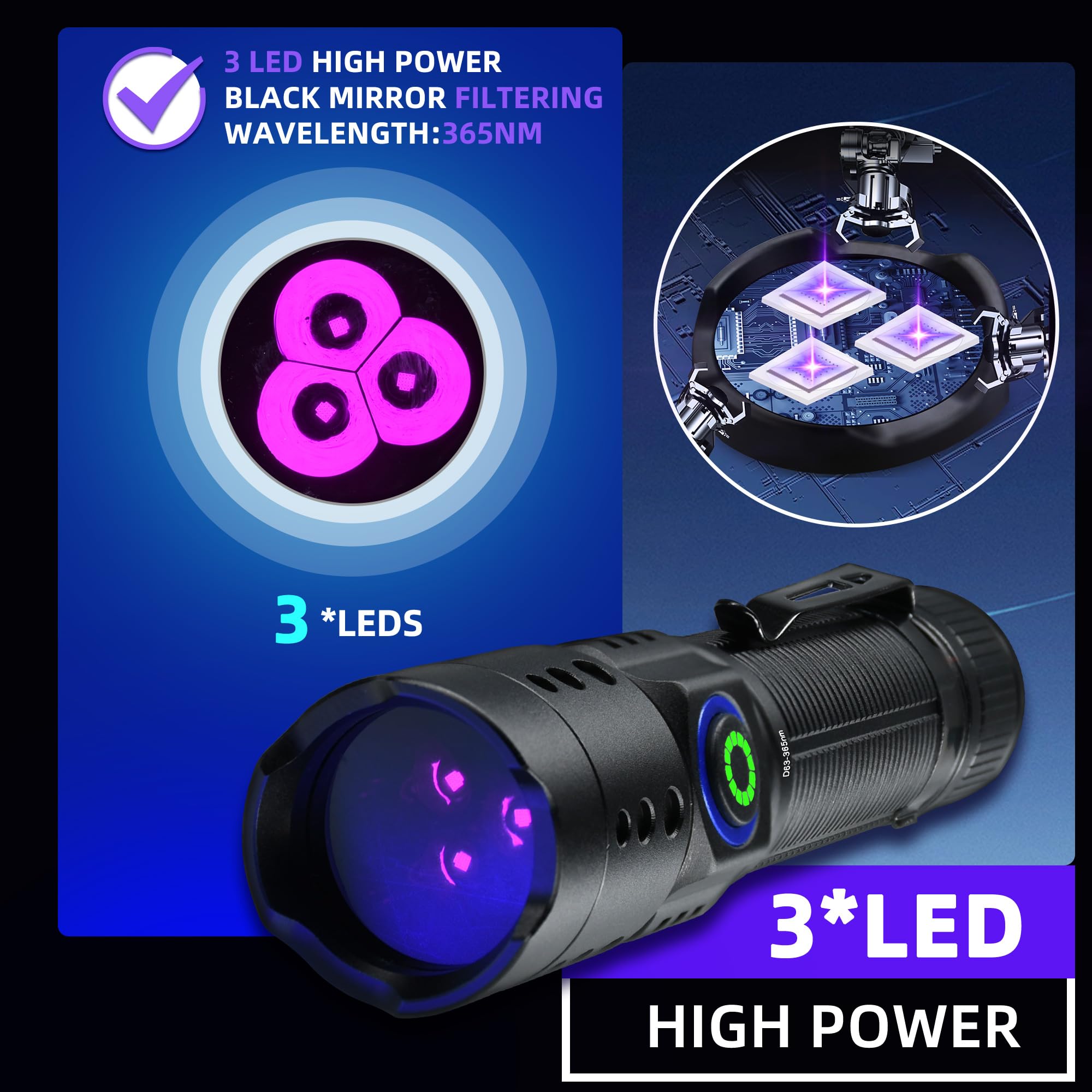 DARKBEAM 365nm UV Flashlight - 3 LED Mini Blacklight, Rechargeable, Pocket Size, Pure Black