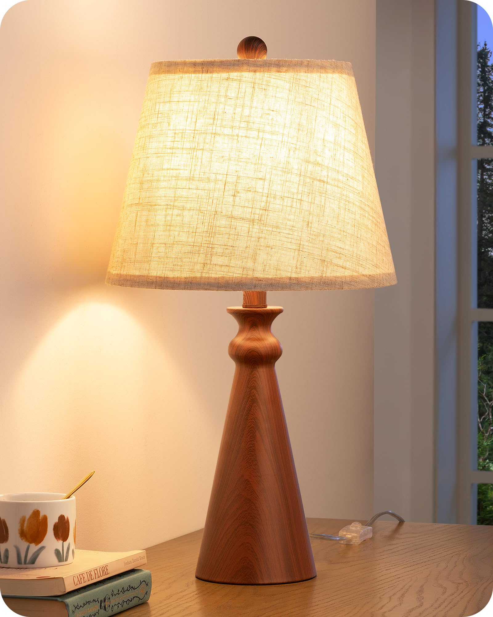 EDISHINE 21.85 Boho Table Lamp, Rustic Bedside Lamp, Water Transfer Red Wood Grain Metal Base, Beige Linen Shade, Farmhouse Nigh