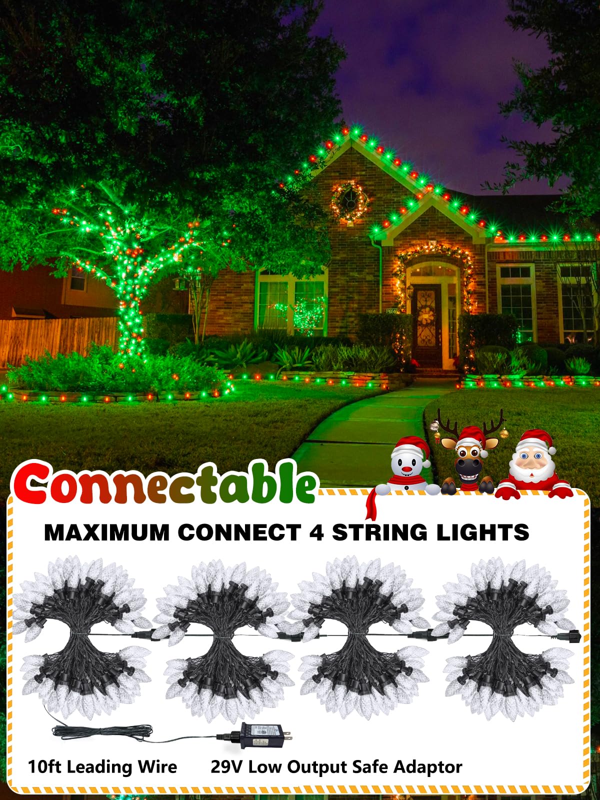2-Pack Connectable C9 Christmas Lights Outdoor Indoor  66 Ft 100 Led Christmas String Lights Plug In With 8 Modes & Timer  Waterproof Fairy Twinkle Light For Xmas Tree Yard Decorations (Red And Green)