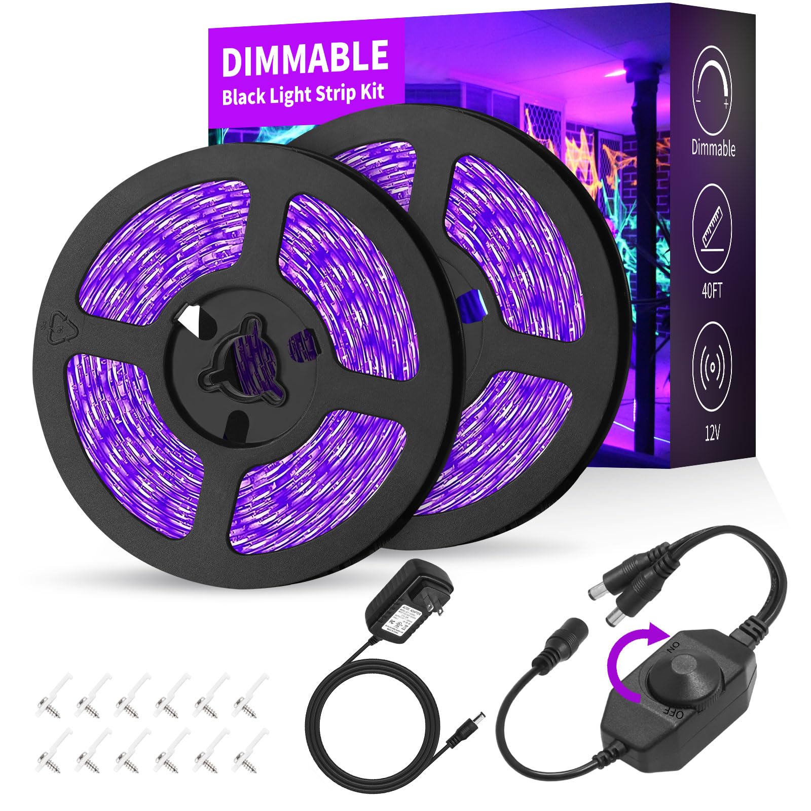 ISUERFY Dimmable Black Light Strip Kit 40ft 720 LEDs 12V Flexible Blacklight Fixtures Black Light SUER-DT12-TG-NEW