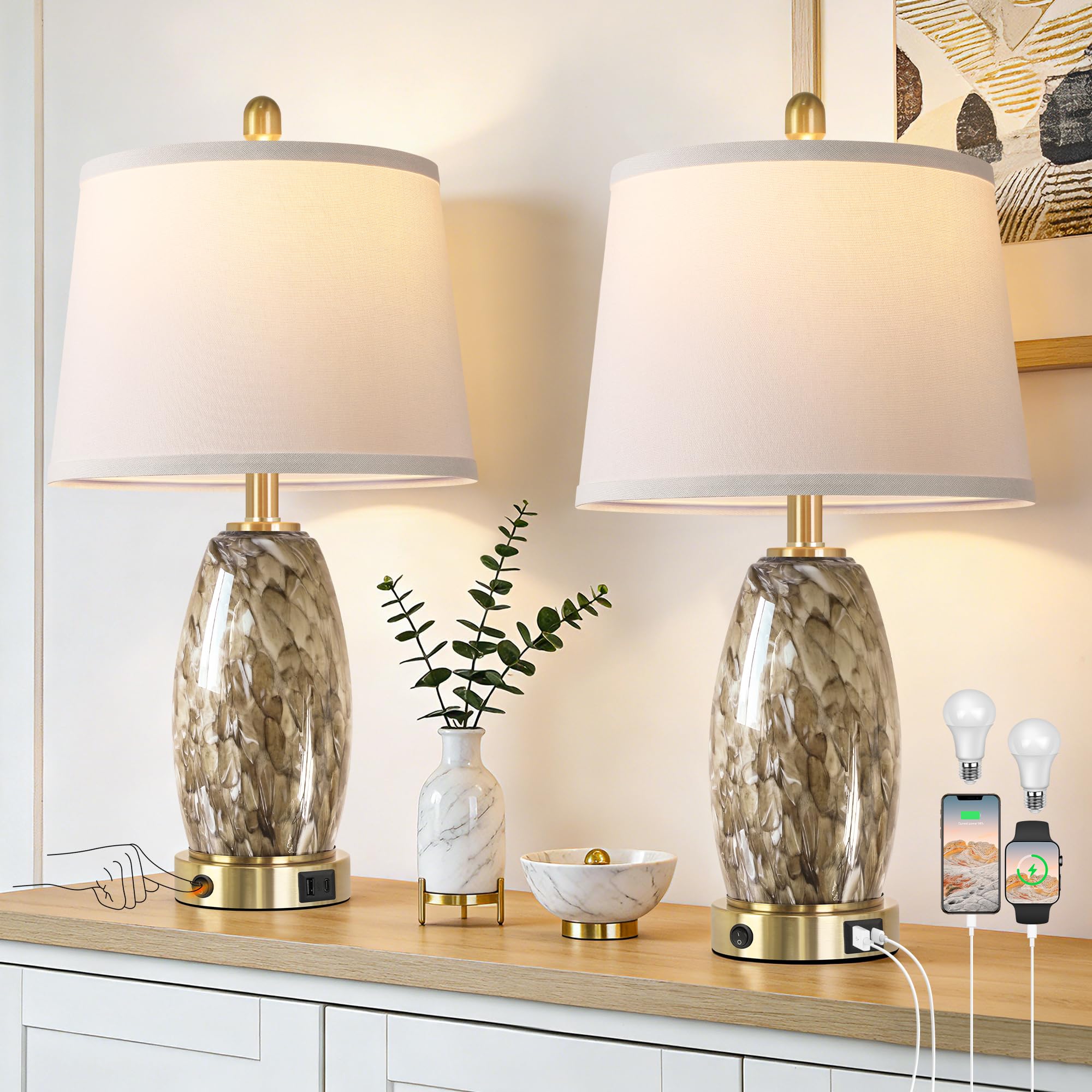 Hamucd Modern Glass Table Lamp Set of 2 with 7 Lighting Modes  3-Color Temperature Lamp with Night Light and USB A+C Port Bedside Lamp for Nightstand Living Room Bedroom(LED Bulbs Included)