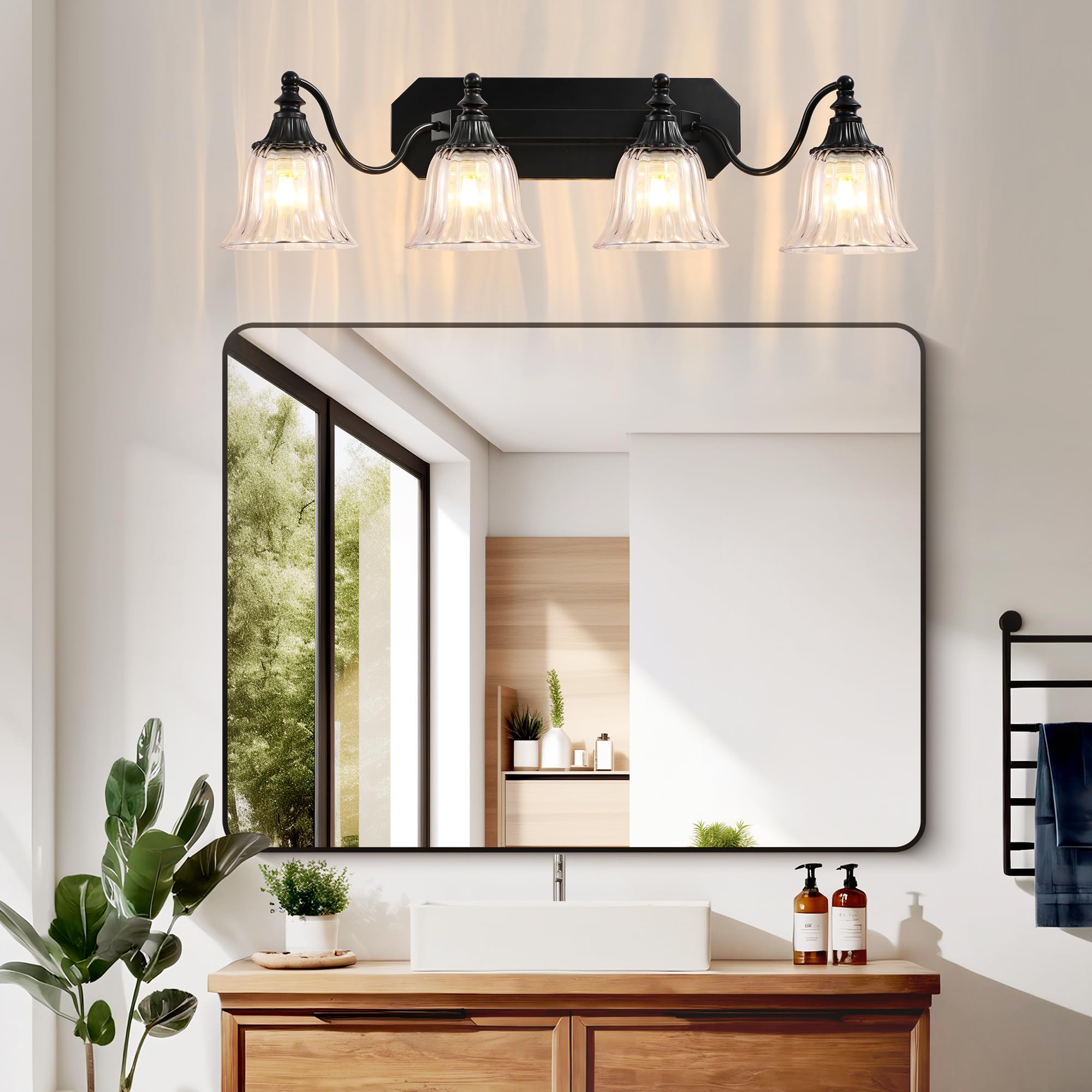 Dvmteom Black Vintage Bathroom Vanity Light Fixture  4-Light Vanity Light For Bathroom  Antique Matte Black Finish With Crystal Glass Shade  Lighting Fixtures Over Mirror For Bedroom Living Room