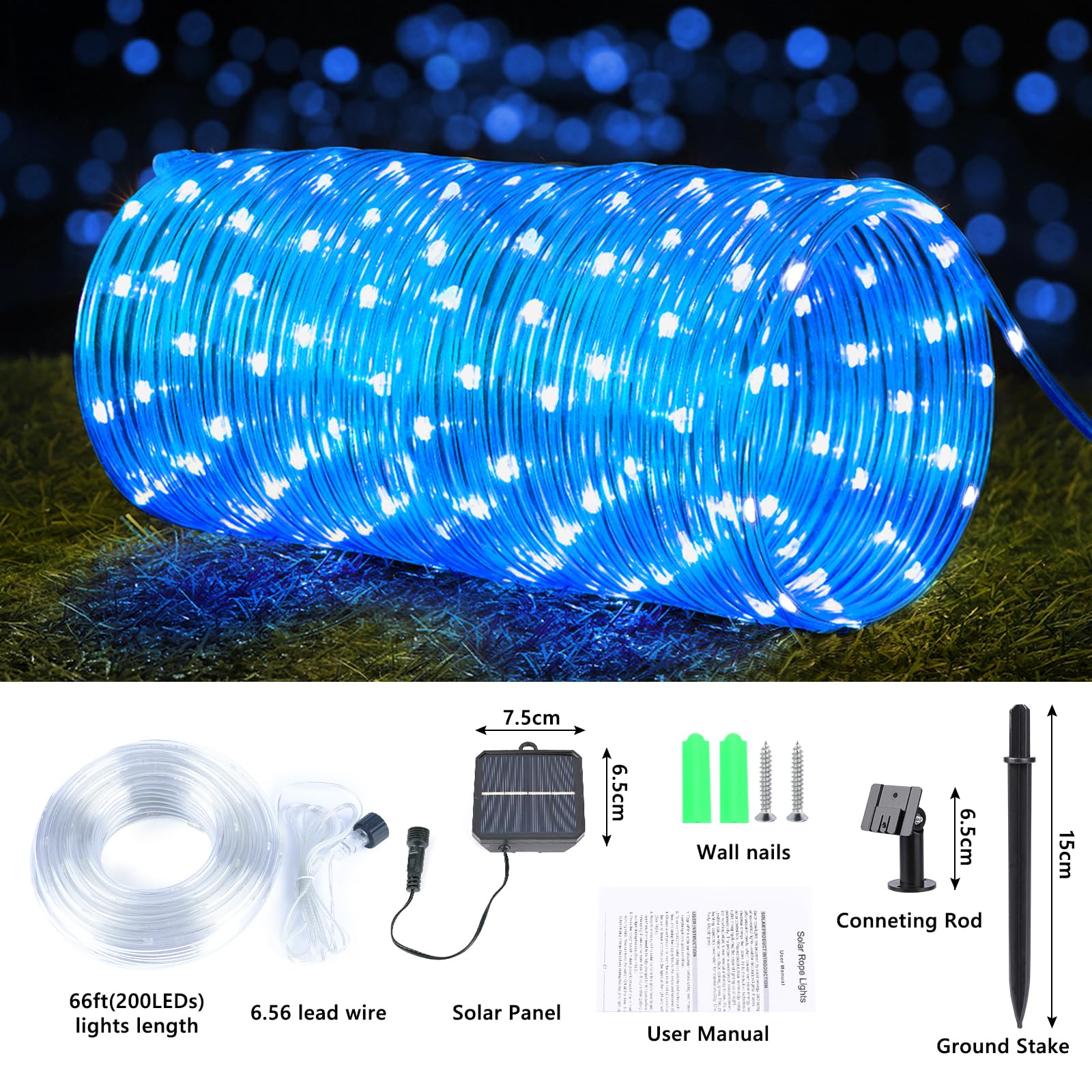 Jnaurb Solar Rope Lights, 66ft 200LED Waterproof String Lights, Blue Flexible Tube Light for Outdoor Garden Decoration