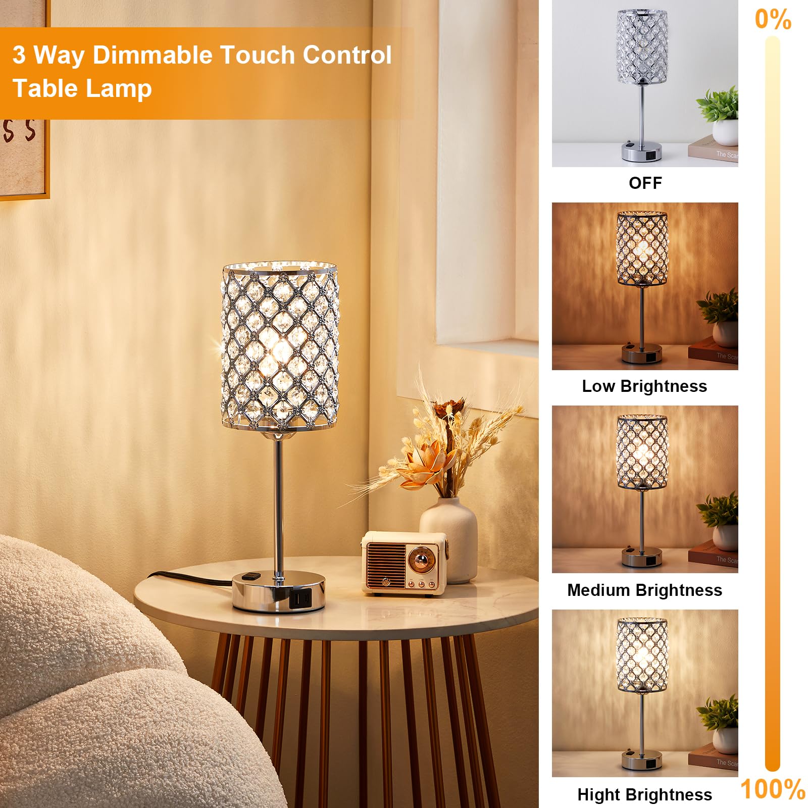 Hong-in Table Lamps Set of 2, Crystal Touch Lamps with USB Ports, 5.1IN, A-Sliver, Model 58b8b5de-8dbe-4