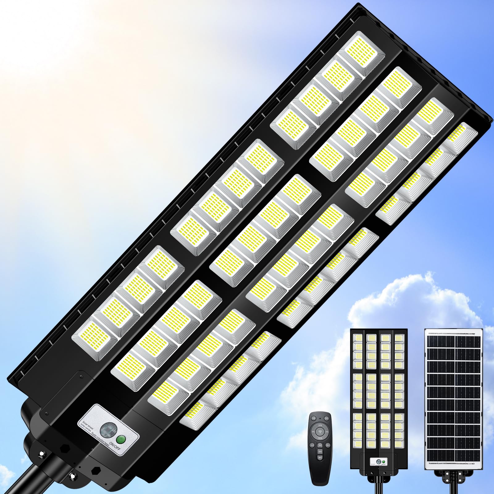 pqins 1200W Solar Street Light, Waterproof, Dusk to Dawn, Radar Motion Sensor, Remote Control, Black, Model SSL-TSL