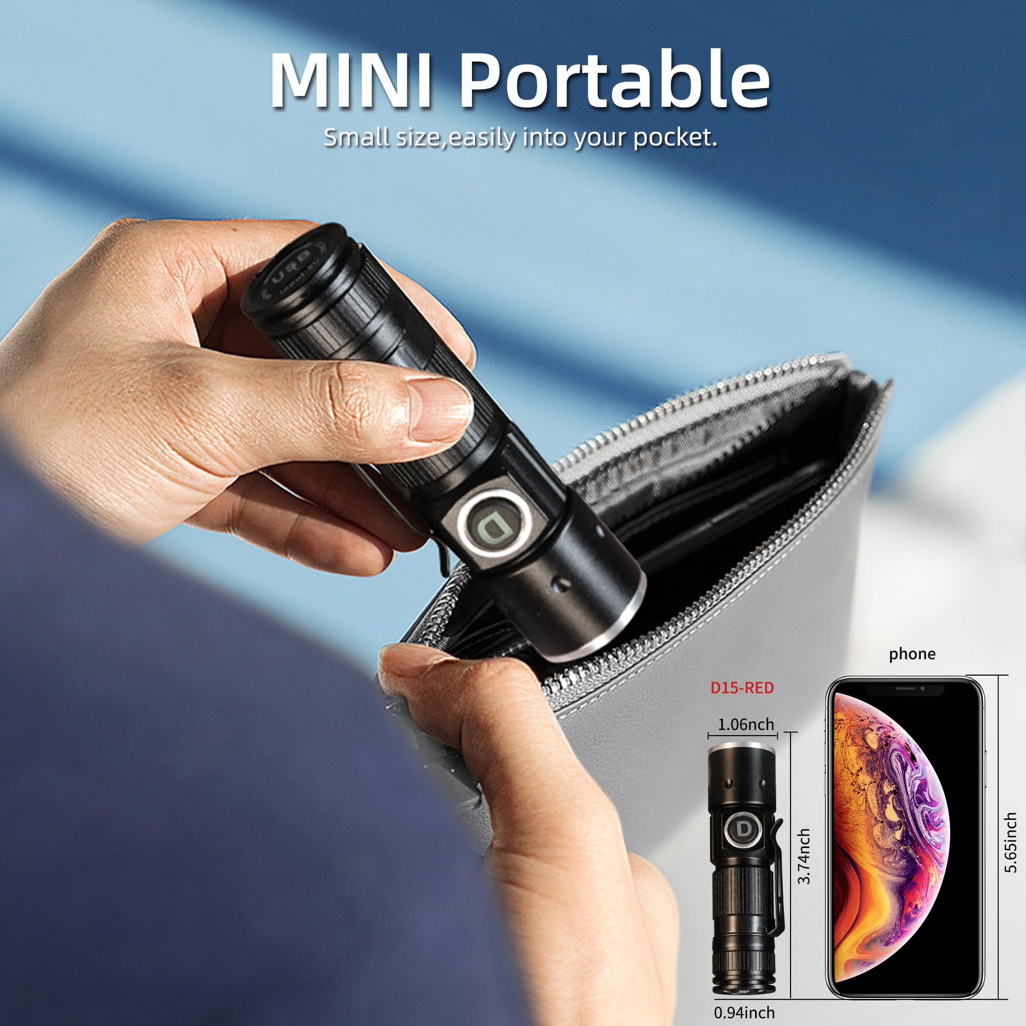 DARKDAWN Rechargeable Mini Red Flashlight D15-RED, Adjustable Focus, Portable with Pocket Clip for Fishing, Beekeeping, Hunting