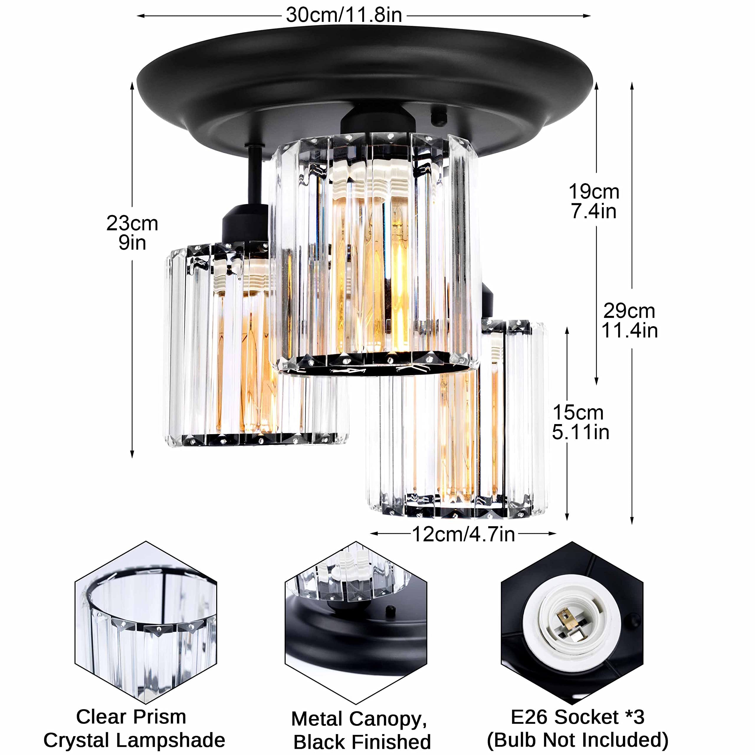 TISLYCO 3-Light Semi Flush Mount Ceiling Light 11.8in Black Crystal Chandelier for Living Room, Kitchen, Bedroom, Hallway