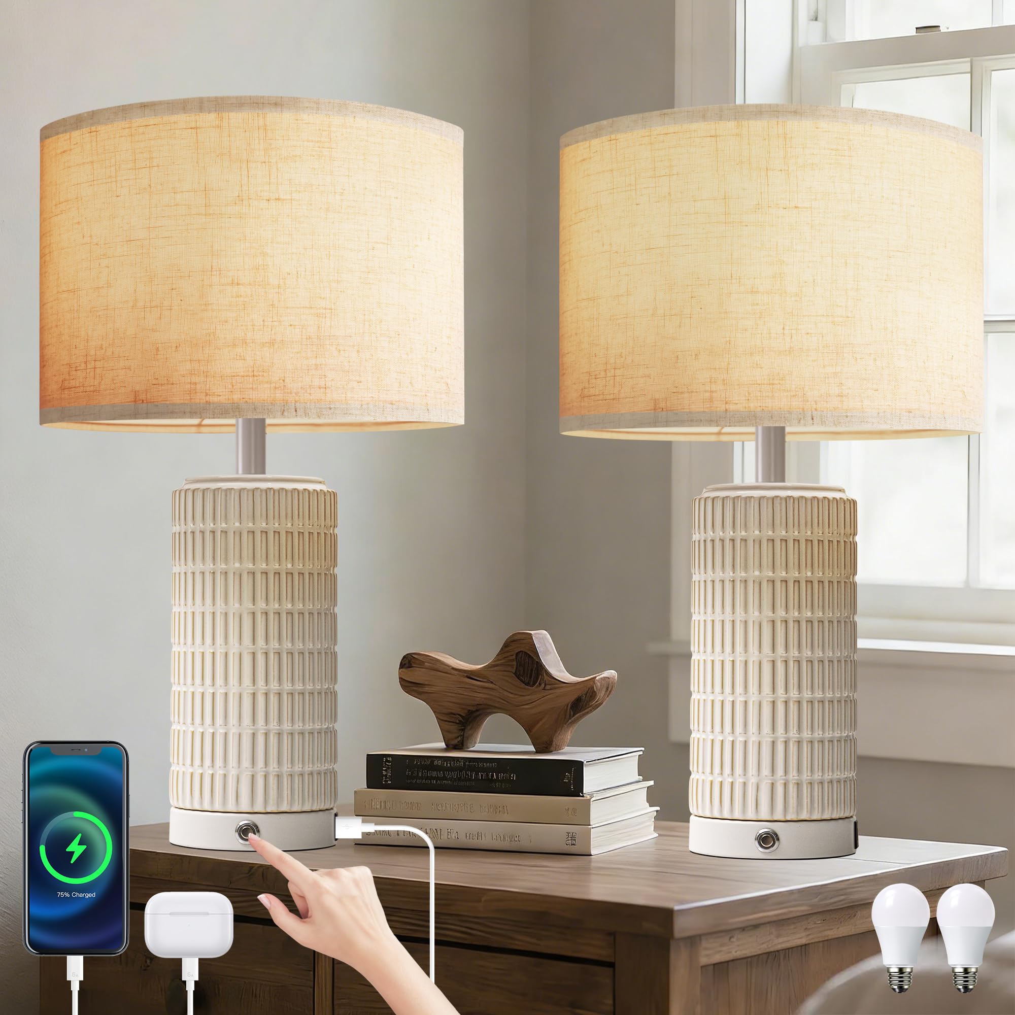 23 Touch Table Lamps Set of 2 with USB-C Ports - Ceramic Bedside Lamp for Bedroom - Modern Farmhouse Dimmable Lamp for Living Ro
