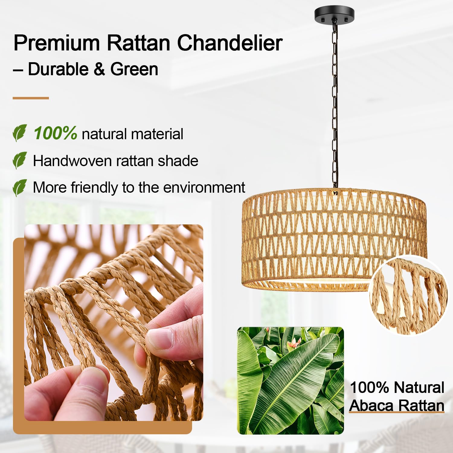 Farmhouse Chandeliers For Dining Room, Hand Woven 5-Light Rattan Pendant Light, Boho Rattan Chandelier With Linen Shade, Rustic