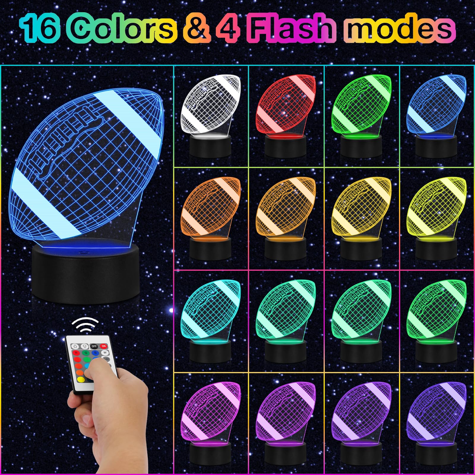 Funshot Football Night Light For Boys Room, Boys Football Gifts,Football Lamp Birthday Gifts, Football Room Decor, 16 Colors 4 L