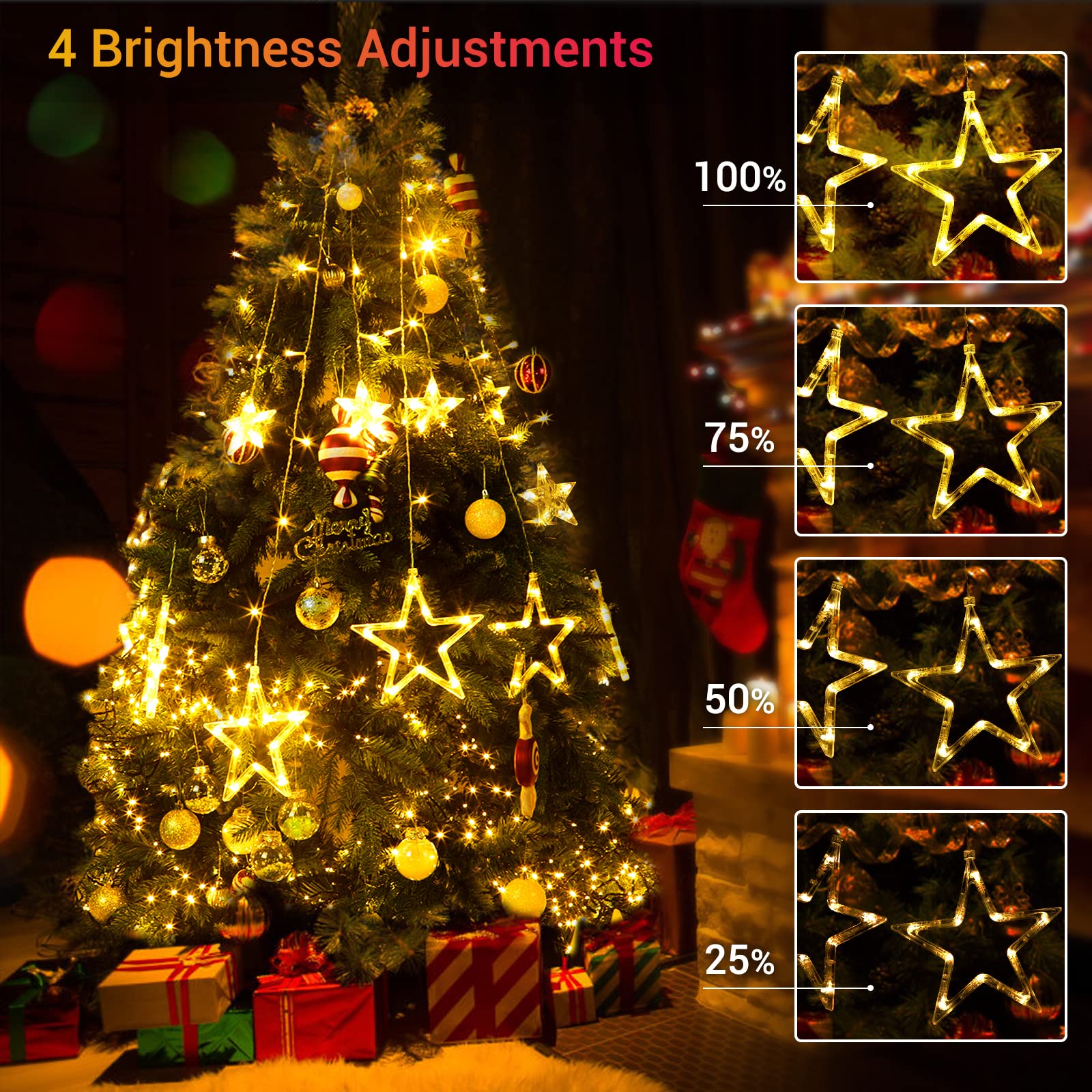 Quntis Remote 12 Star Christmas Curtain Lights, 11 Modes 138 Led Connectable Window Christmas Decoration Lights Hanging Backdrop Dimmable For Indoor Bedroom Wedding Party Wall, Multicolor & Warm White