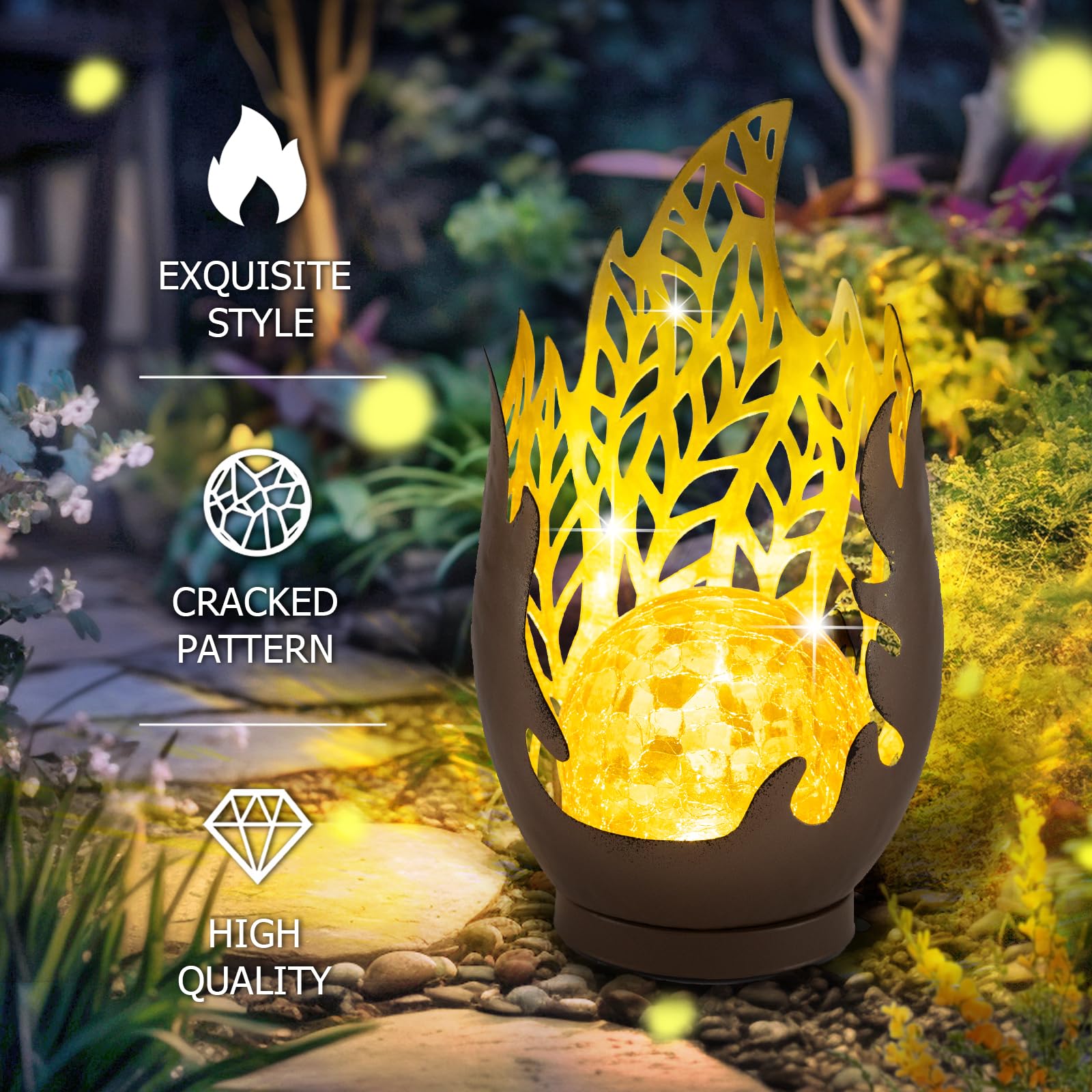 Huaxu Solar Lights Outdoor Decor Waterproof Metal Cracked Glass Globe With Copper Flame Effect, Table Decorations Led Lamp Gift