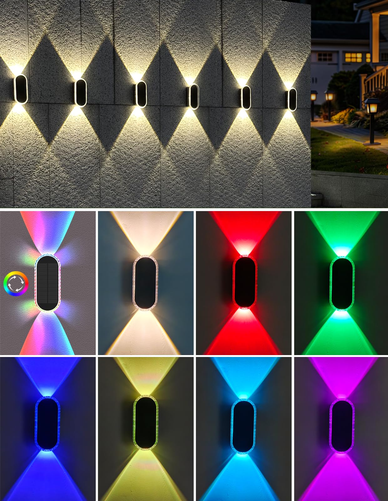 BlueYang Solar Fence Lights - Warm White & RGB, 8 Modes, Waterproof, Dual-Head, 4PK, Model 2403-4pk-C, Plastic